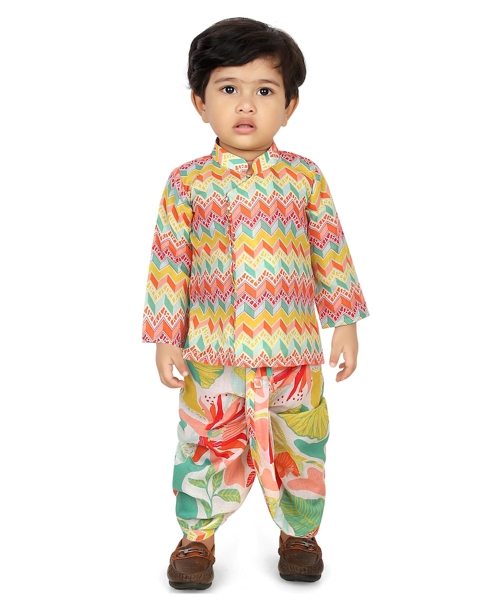 little desi Pure Cotton Full Sleeves Chevron Printed Kurta Dhoti Set - Multi Colour-picture-31