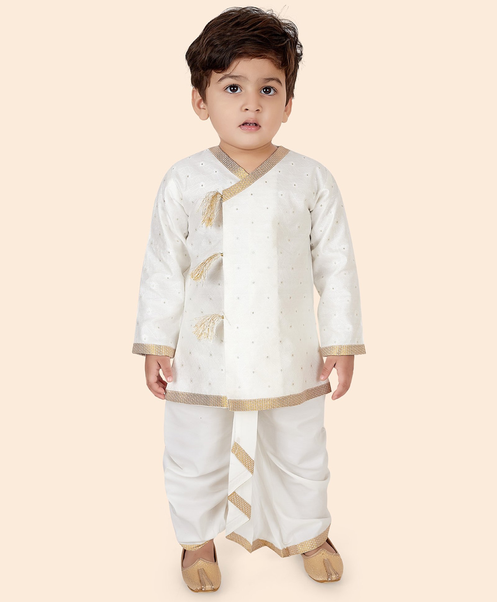 little desi Dupion Silk Full Sleeves Geometric Foil Printed Kurta Dhoti Set - Cream-picture-25