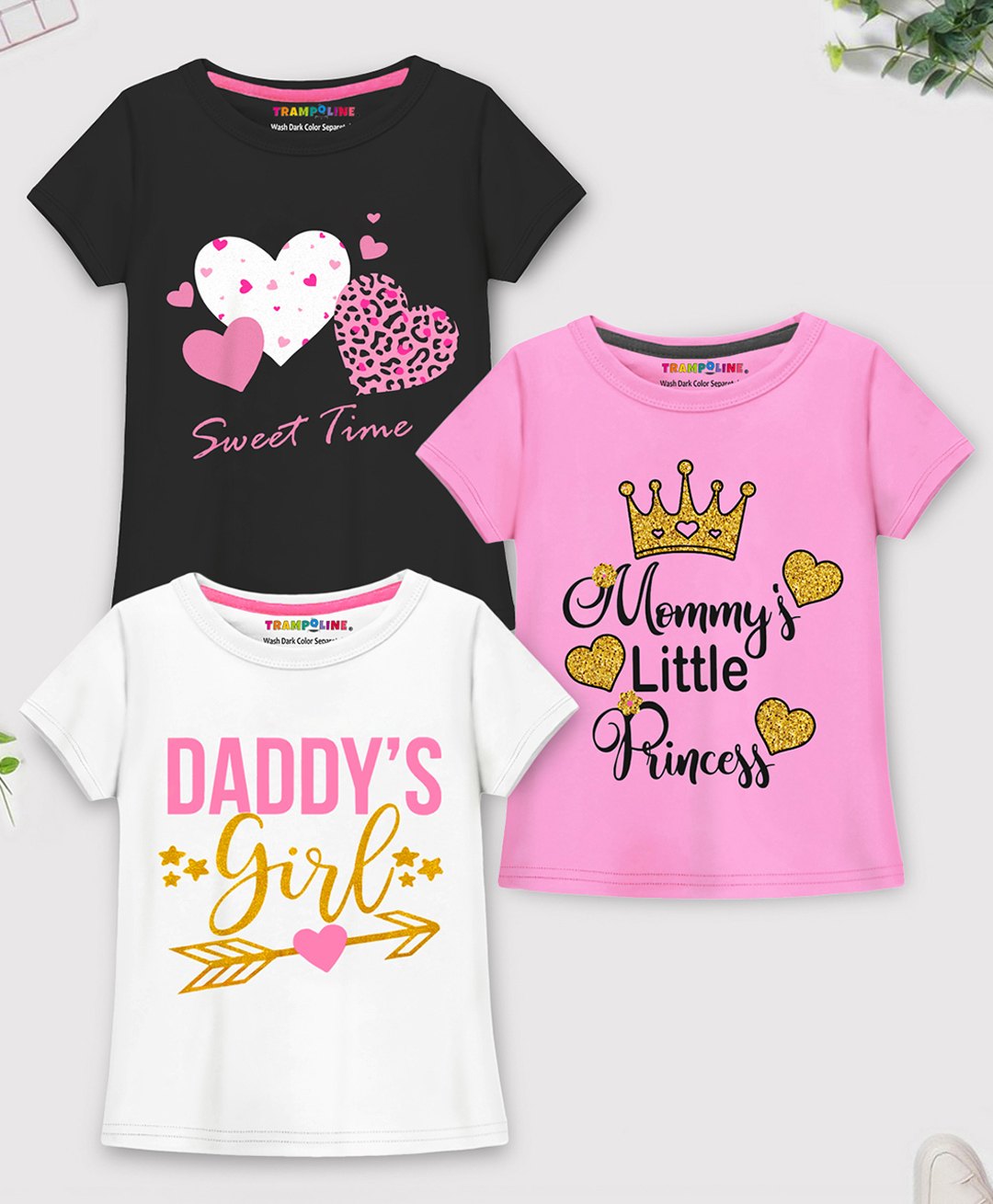 Trampoline Cotton Blend Pack Of 3 Half Sleeves Daddys Girl Text & Heart Printed Tees - Multi Colour-picture-21