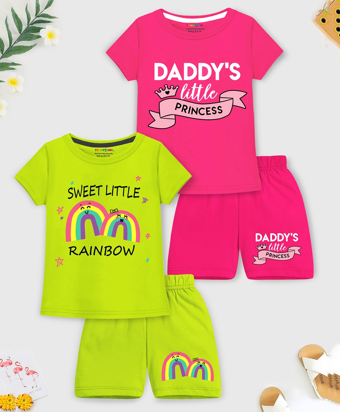 Trampoline Cotton Blend Pack Of 2 Half Sleeves Daddys Little Princess Text & Rainbow Printed Tees With Coordinating Shorts Set - Pink & Green