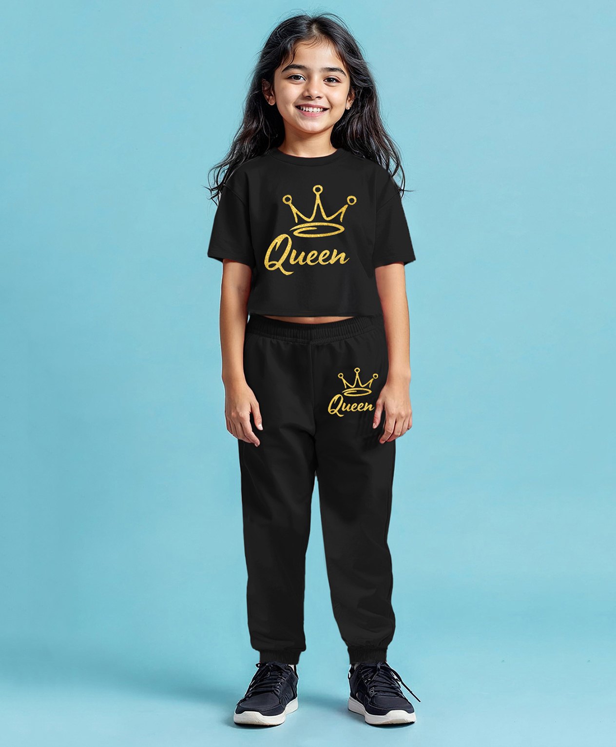 Trampoline Cotton Blend Half Sleeves Queen Text Printed Crop Top & Coordinating Joggers Set - Black-picture-22