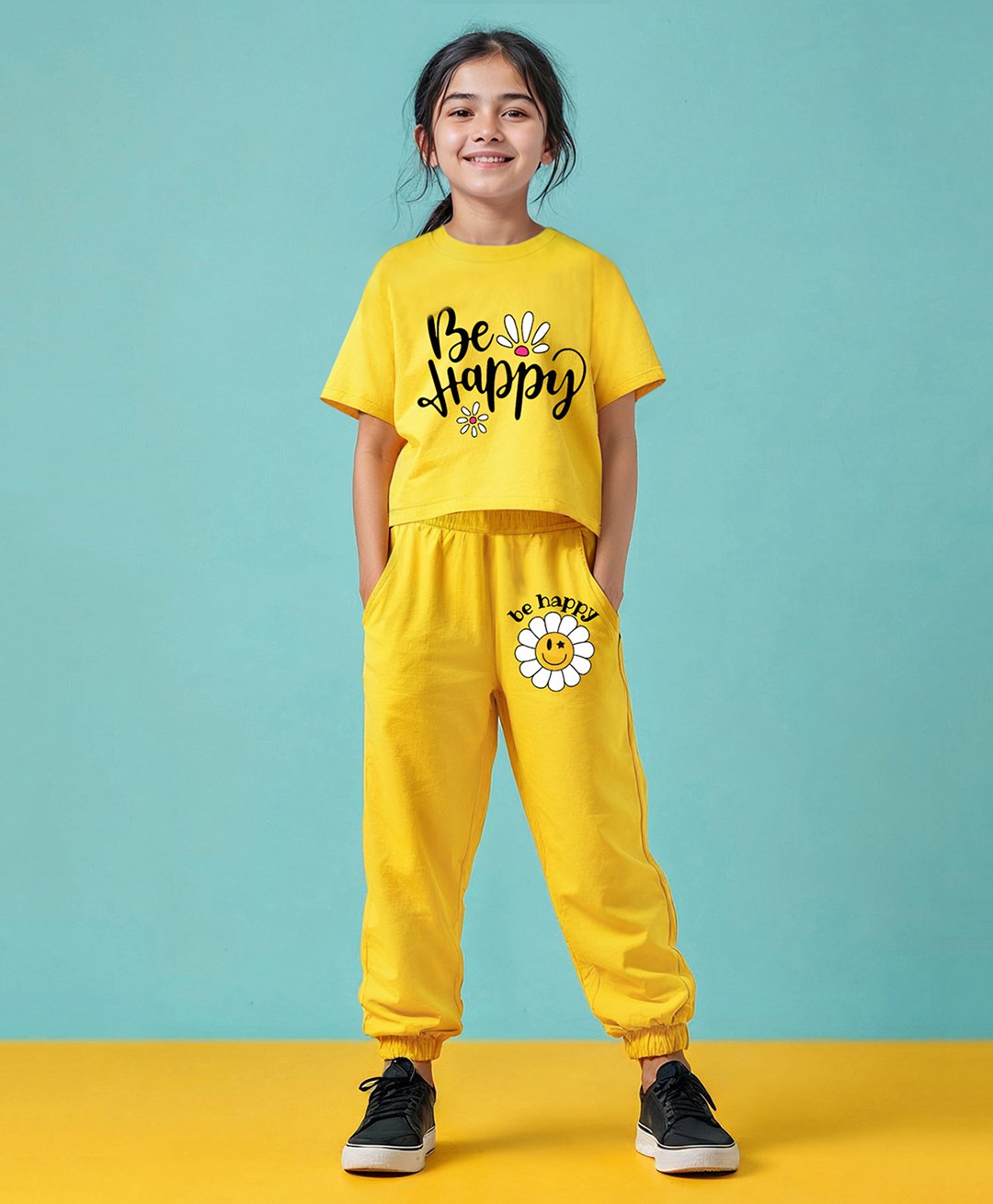 Trampoline Cotton Blend Half Sleeves Be Happy Text Printed Crop Top & Coordinating Track Pants Set - Yellow-image-25