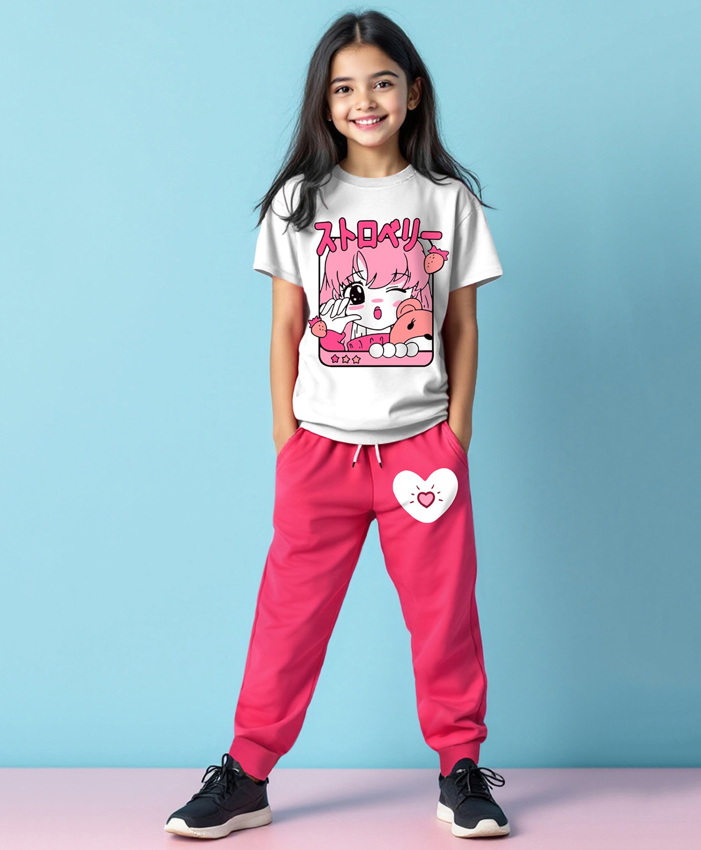 Trampoline Cotton Blend Half Sleeves Girl Printed Tee & Track Pants Set - White & Pink-picture-19