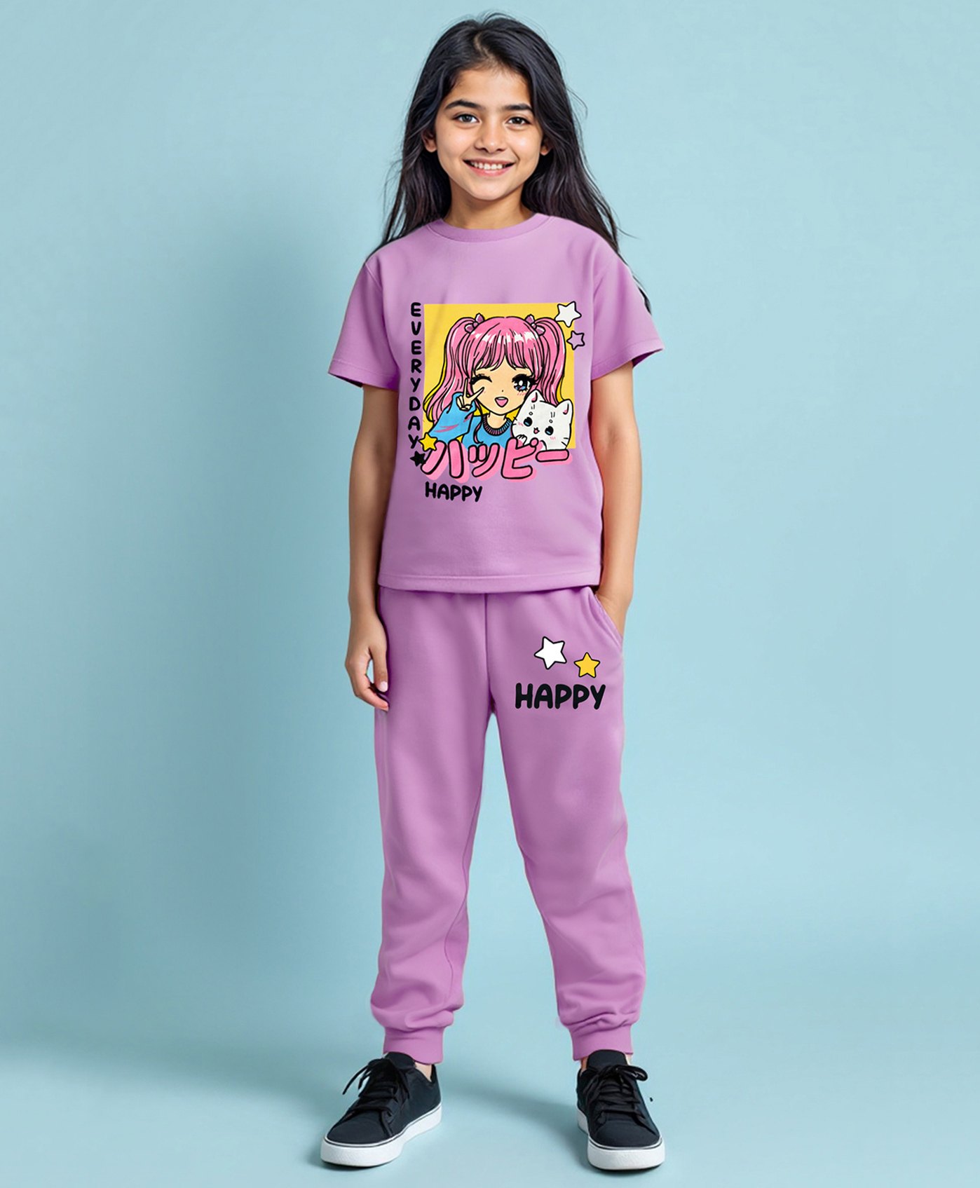 Trampoline Cotton Blend Half Sleeves Girl Printed Tee & Coordinating Track Pants Set - Purple-picture-15