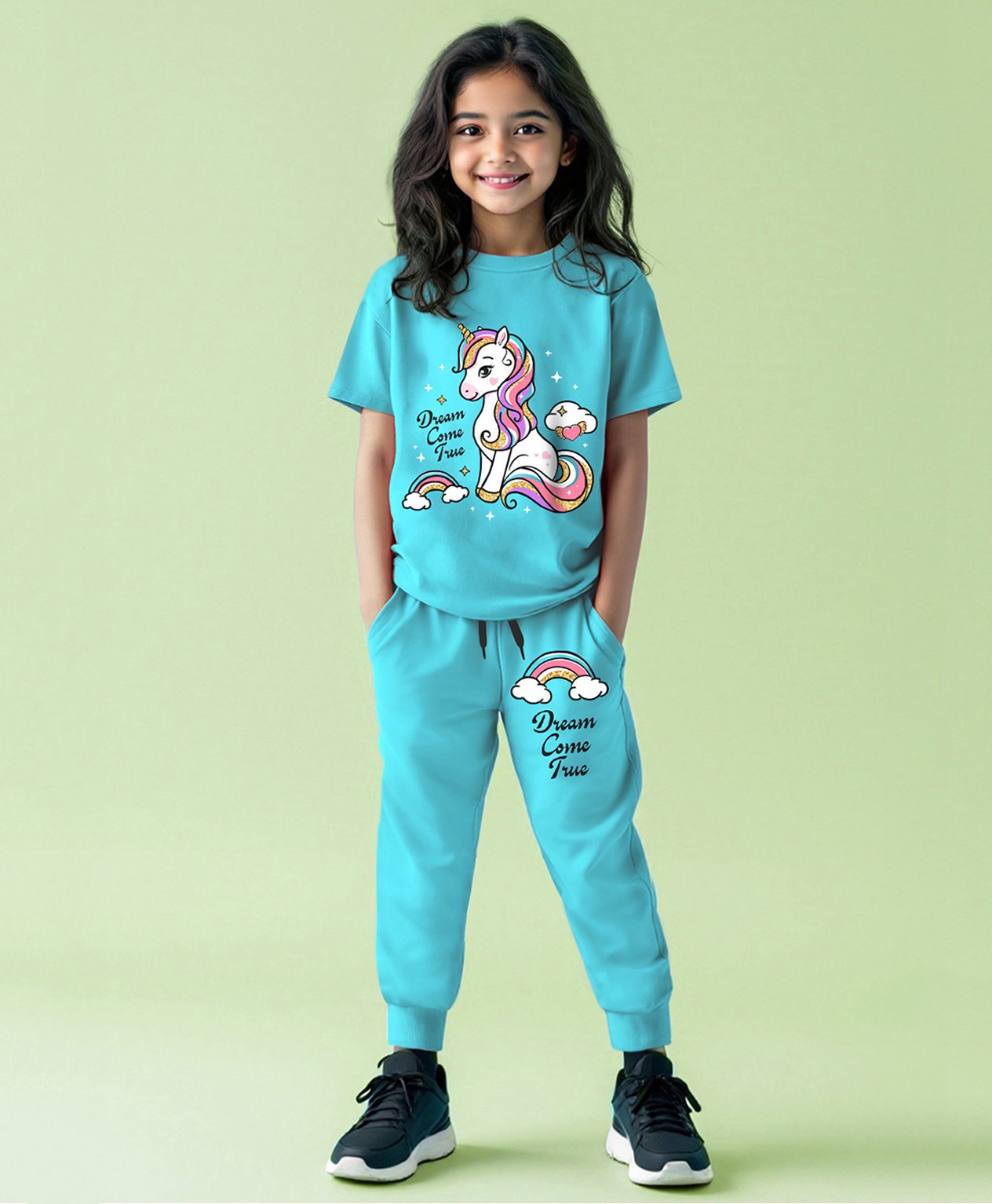 Trampoline Cotton Blend Half Sleeves Dream Come True Text Printed Tee & Coordinating Track Pants Set - Sky Blue-picture-25