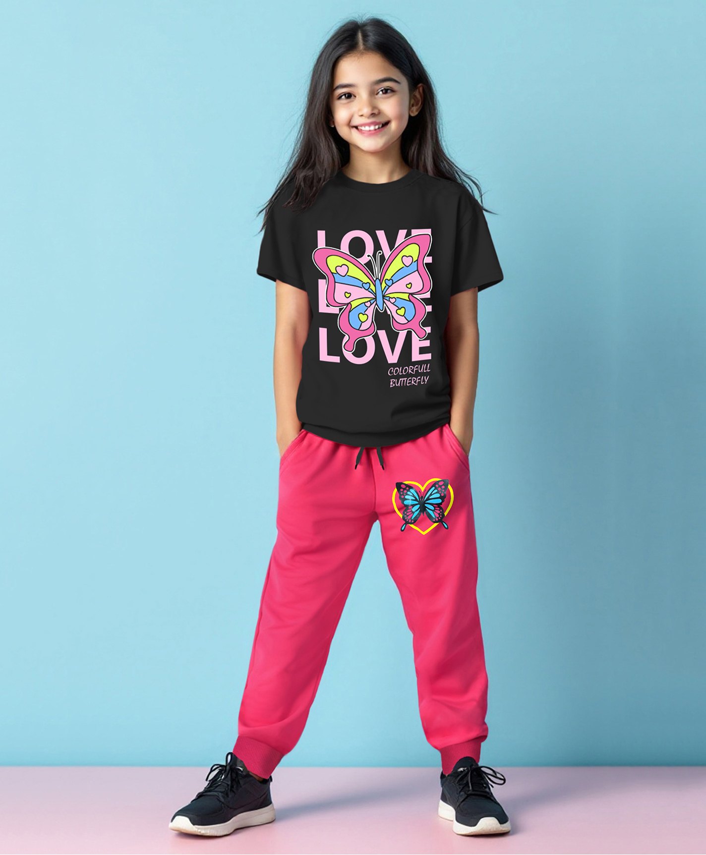 Trampoline Cotton Blend Half Sleeves Butterfly Printed Tee & Coordinating Track Pants Set - Black & Pink-picture-16