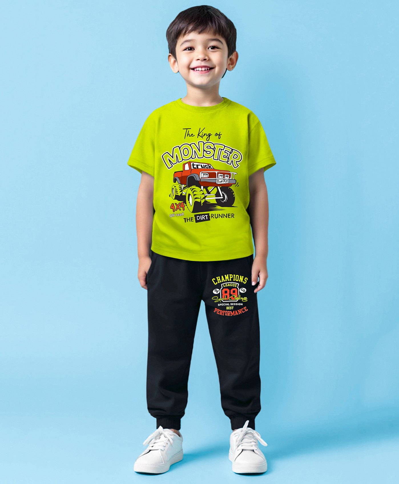 Trampoline Cotton Blend Half Sleeves Monster Truck Printed Tee & Joggers Set - Green & Black-picture-26