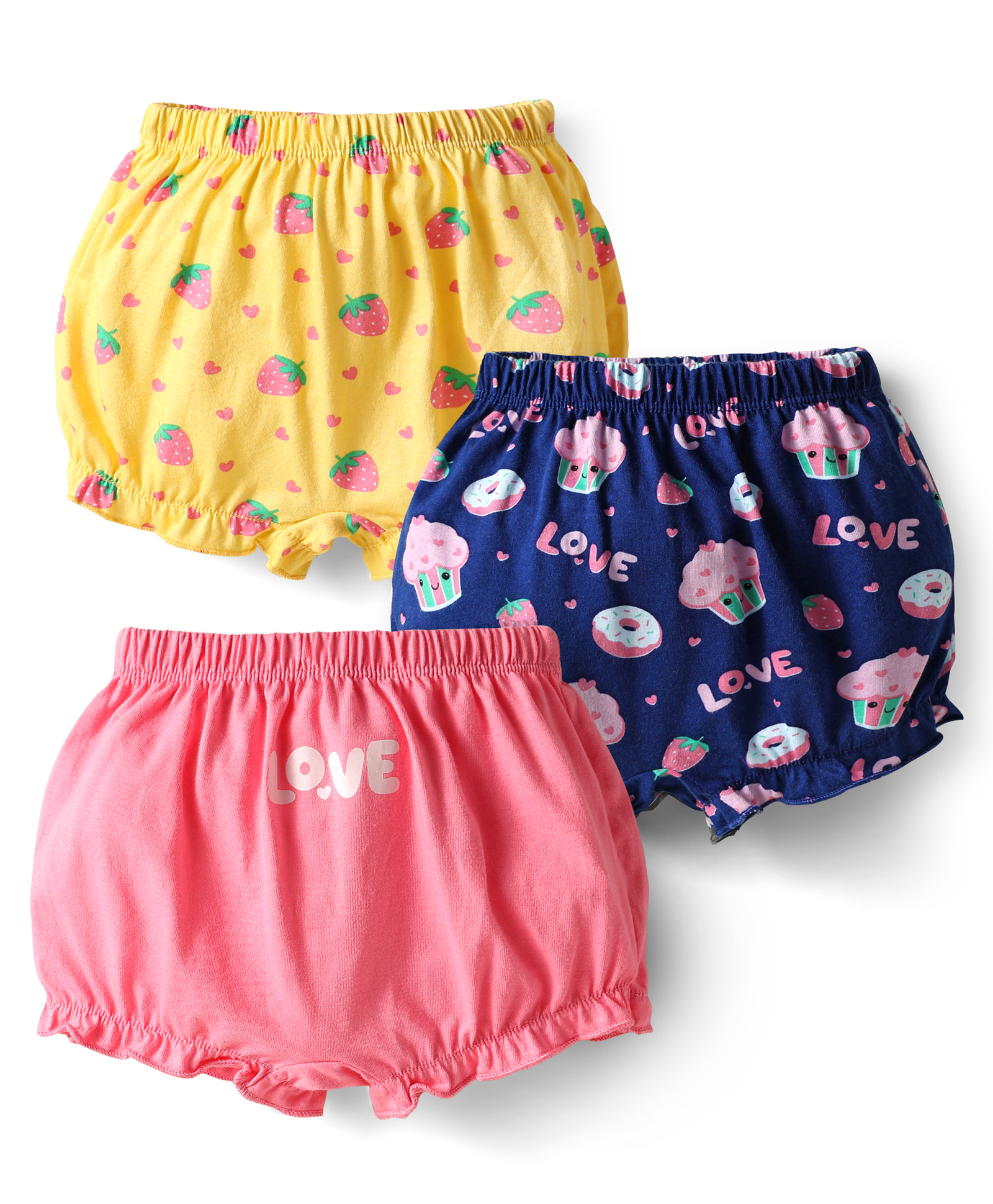Babyhug 100% Cotton Knit Bloomers with Love & Cup Cake Print Pack of 3 - Pink & Navy Blue-image-5