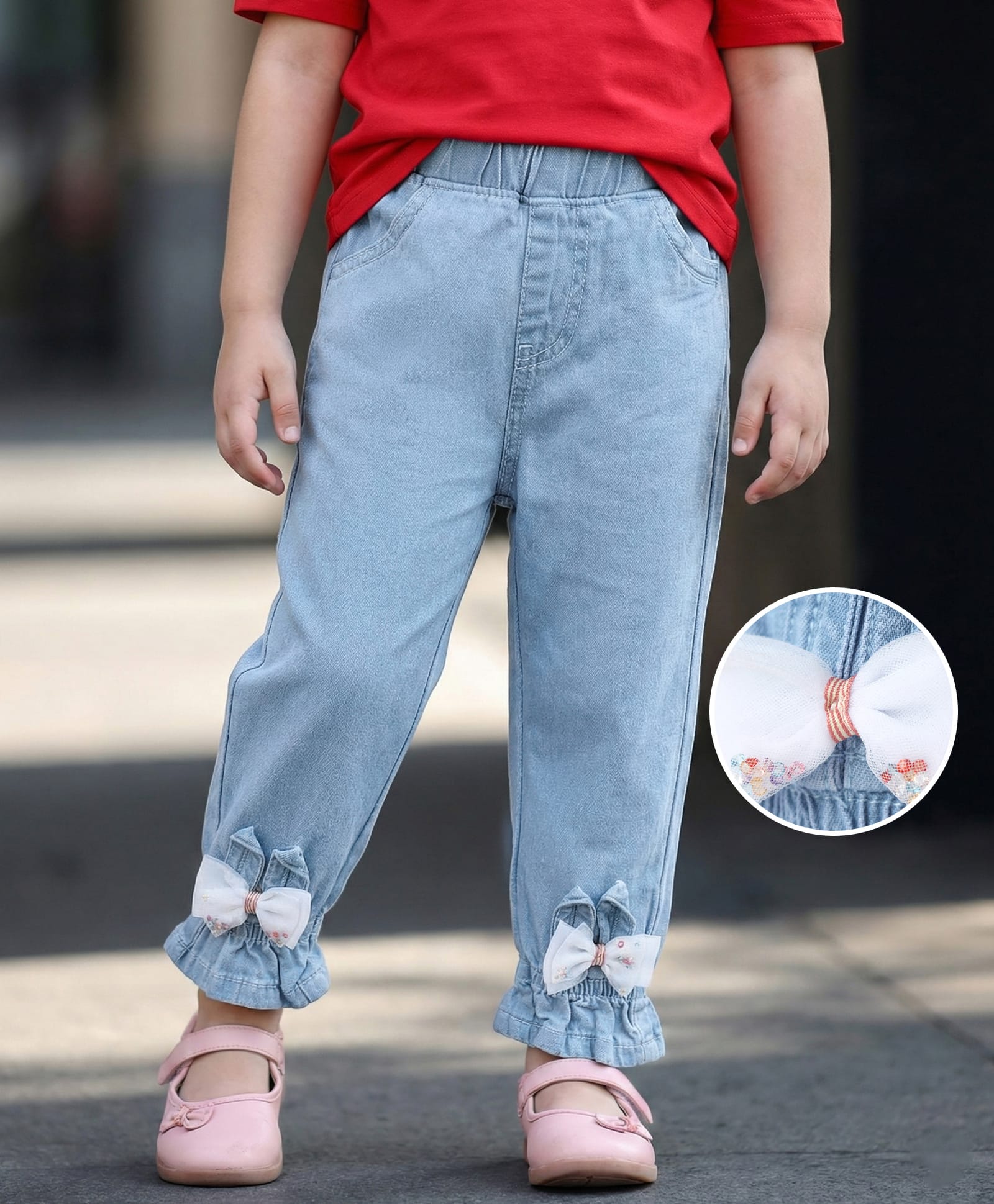 Mark & Mia Cotton Lycra Full Length Denim Jeans With Bow Applique - Light Blue-picture-23