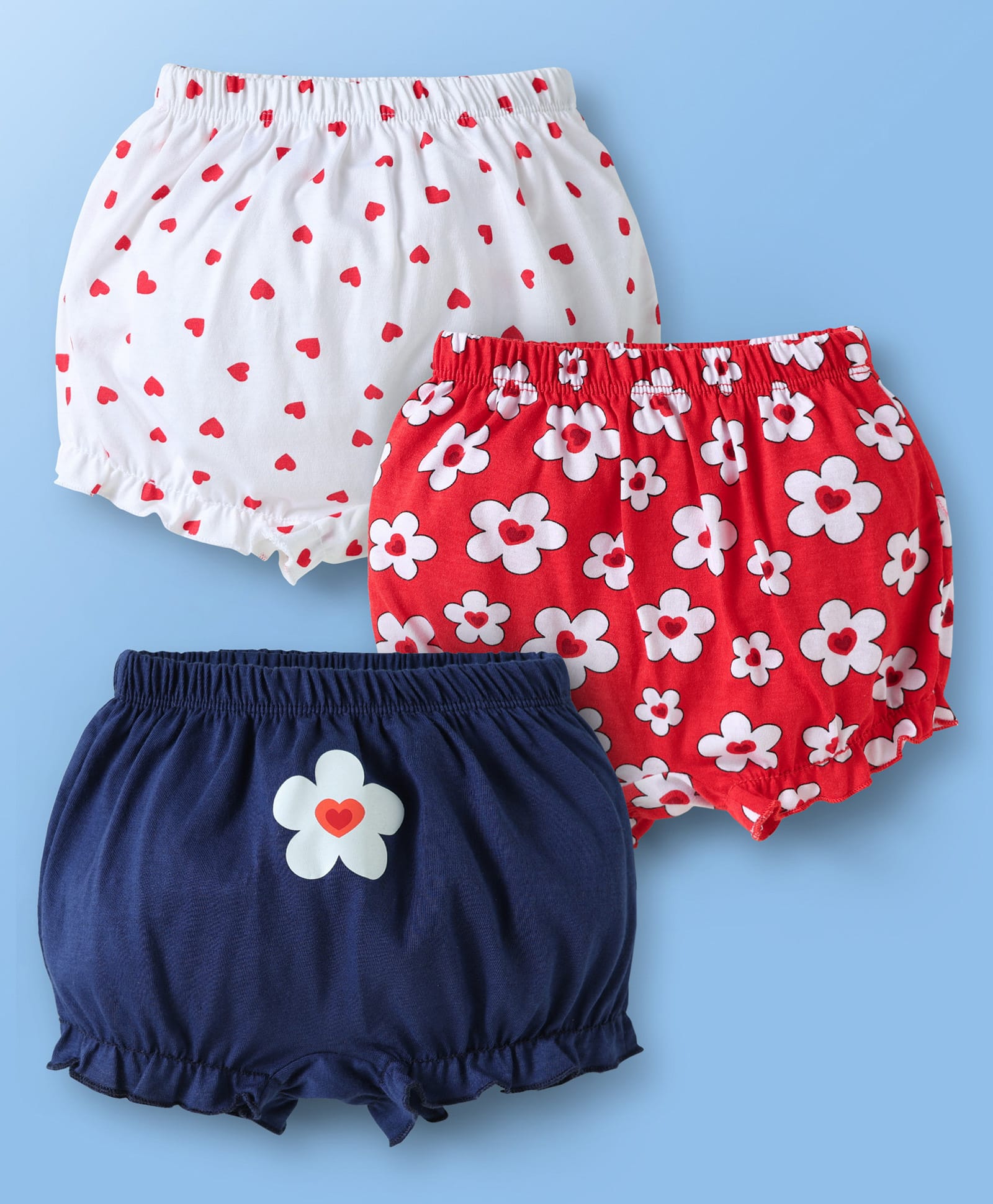 Babyhug 100% Cotton Floral & Hearts Printed Bloomers Pack Of 3 - Red Navy Blue & White-image-40