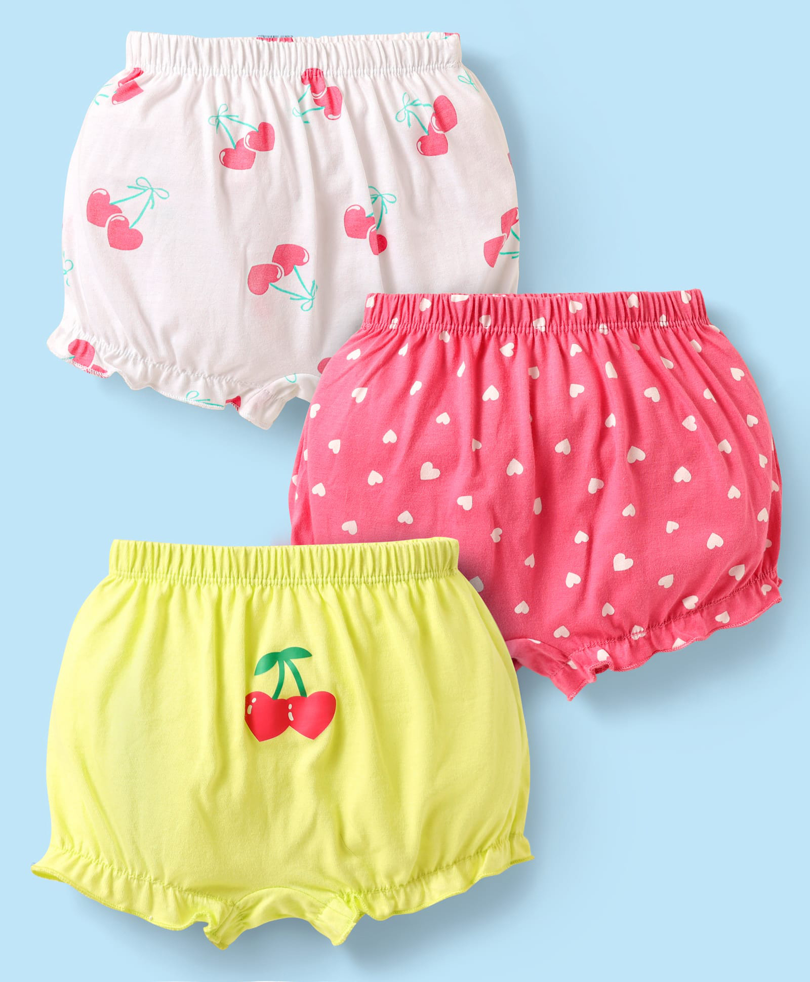 Babyhug 100% Cotton Single Jersey Knit Bloomers With Heart & Tropical Theme Print Pack Of 3 - Pink White & Lime Green-image-24