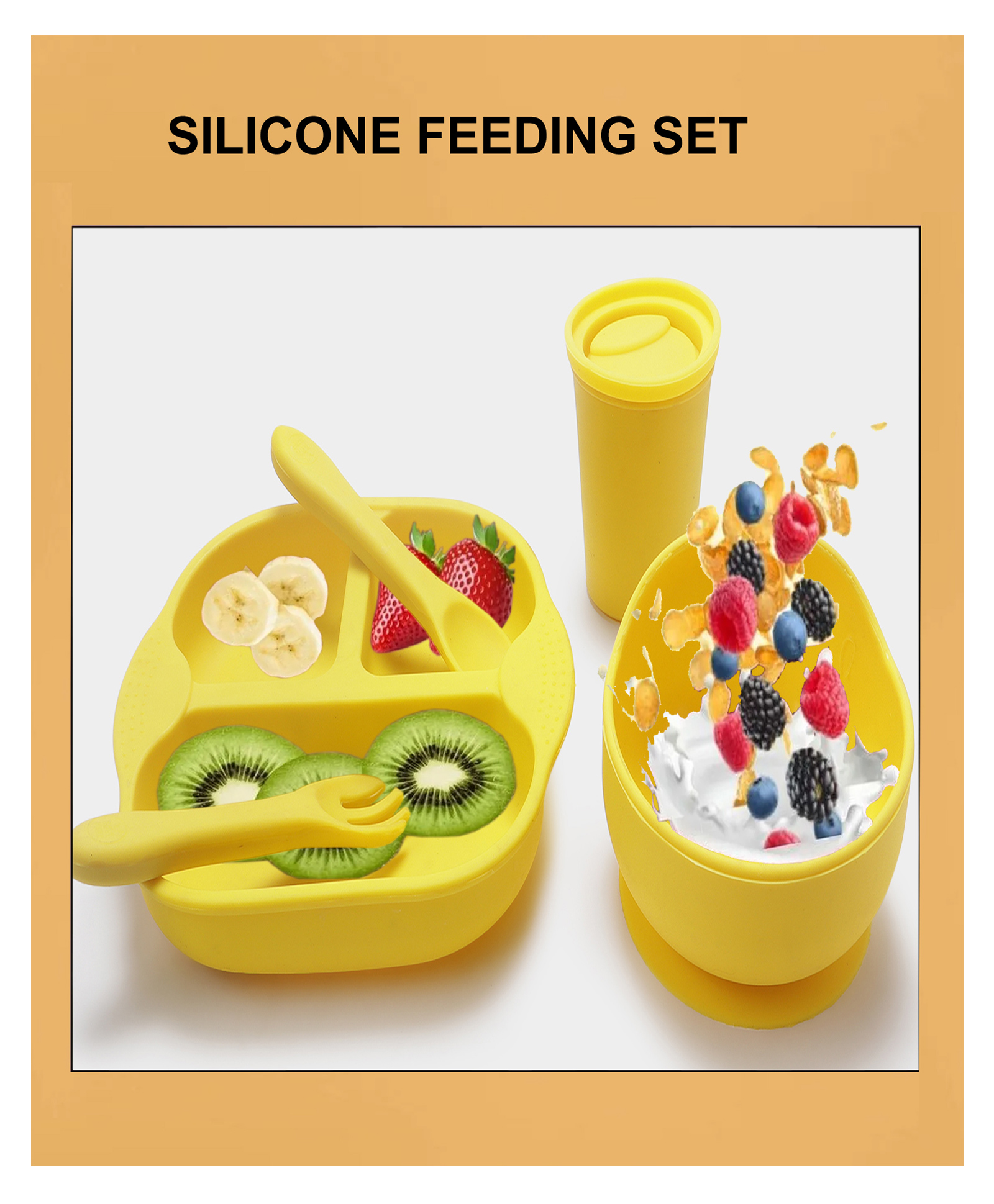 SPARKLE JOY 5 Pcs Silicone Baby Feeding Set, BPA Free & Microwave Safe Dinner Tableware Kit - Feeding Bowl, Suction Plate, Tumbler, Spoon & Fork for Kids, Toddler - Yellow-image-12