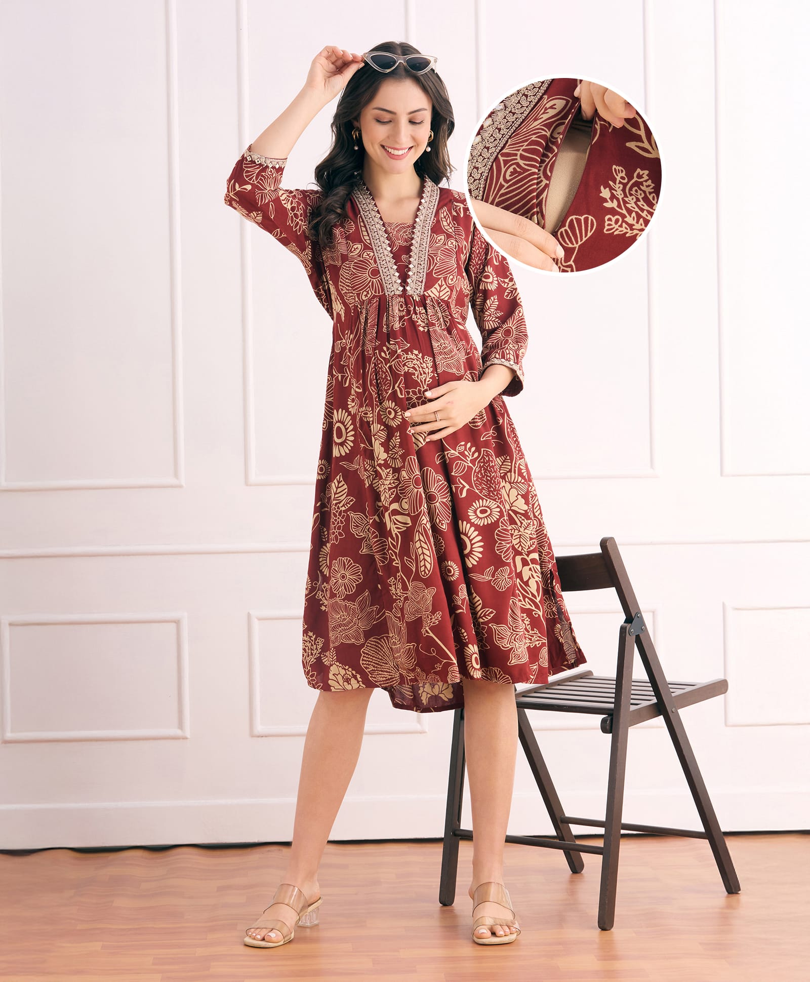 Bella Mama Woven Three Forth Sleeves Floral Printed Maternity Dress With Lace Detailing - Maroon-picture-14