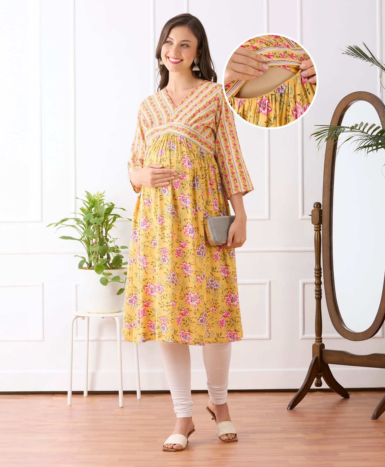 Bella Mama Viscose Woven Three Fourth Sleeves Over Lapping Maternity Kurta With With Contrast Yoke & Pocket with Floral Print- Yellow