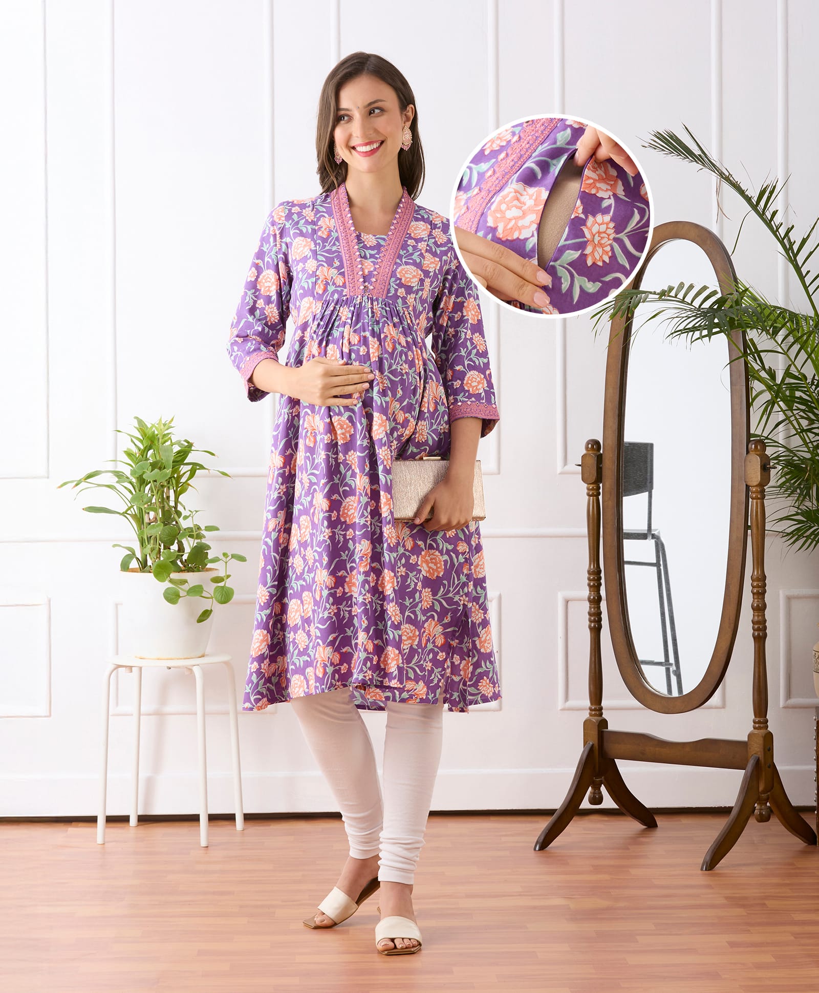 Bella Mama Viscose Woven Three Fourth Sleeves Maternity Kurta With Highlighted Neck & Floral Print - Purple-picture-7