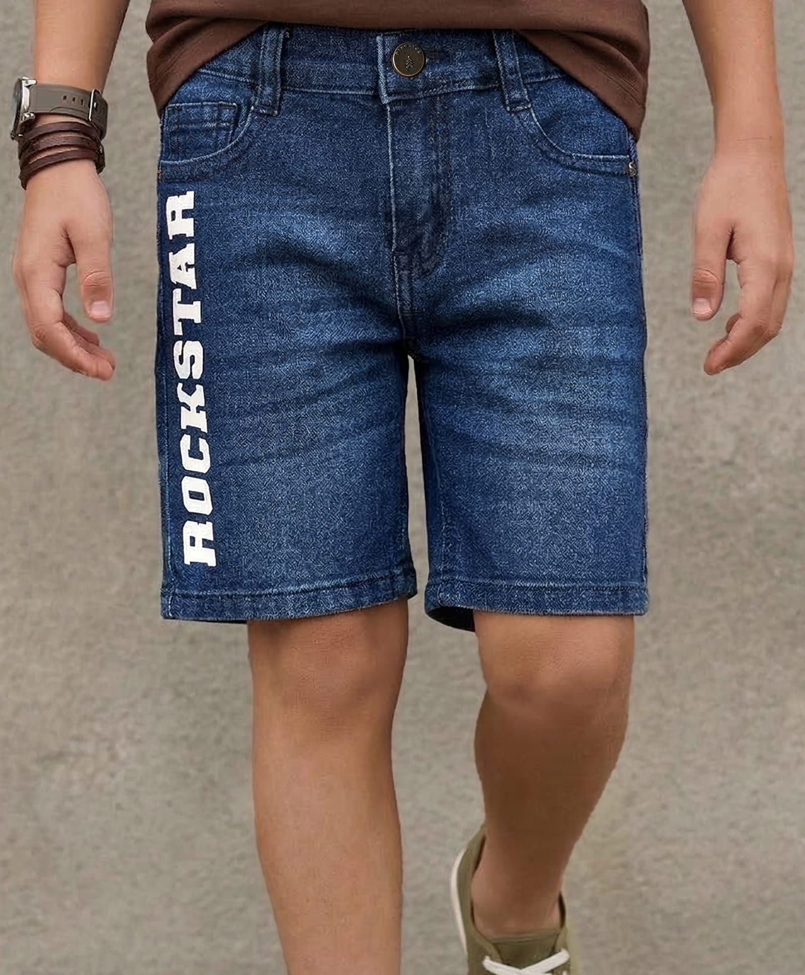 Pine Kids Denim Woven Above Knee Length Washed Shorts With Text Prints - Navy Blue-image-13