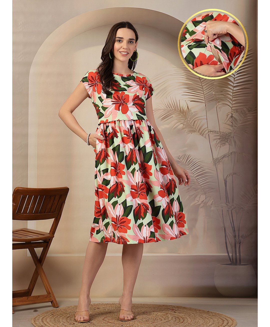 Zelena 100% Cotton Half Sleeves Floral Printed Maternity Zipless Feeding Dress With Nursing Access & Pockets - Multicolor-picture-17