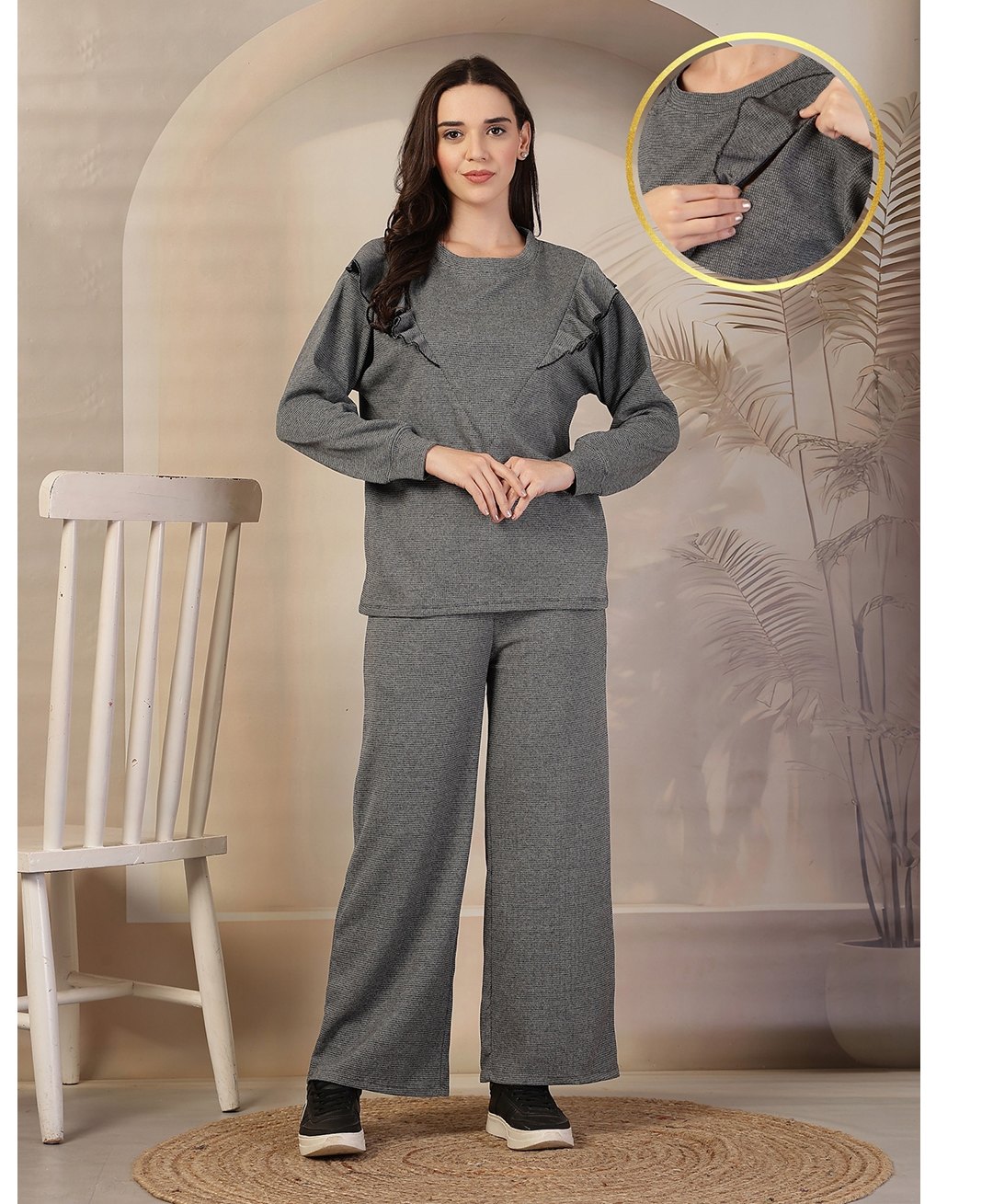 Zelena 100% Cotton Knit Full Sleeves Solid Maternity Top With Nursing Access & Pajama - Grey-image-3