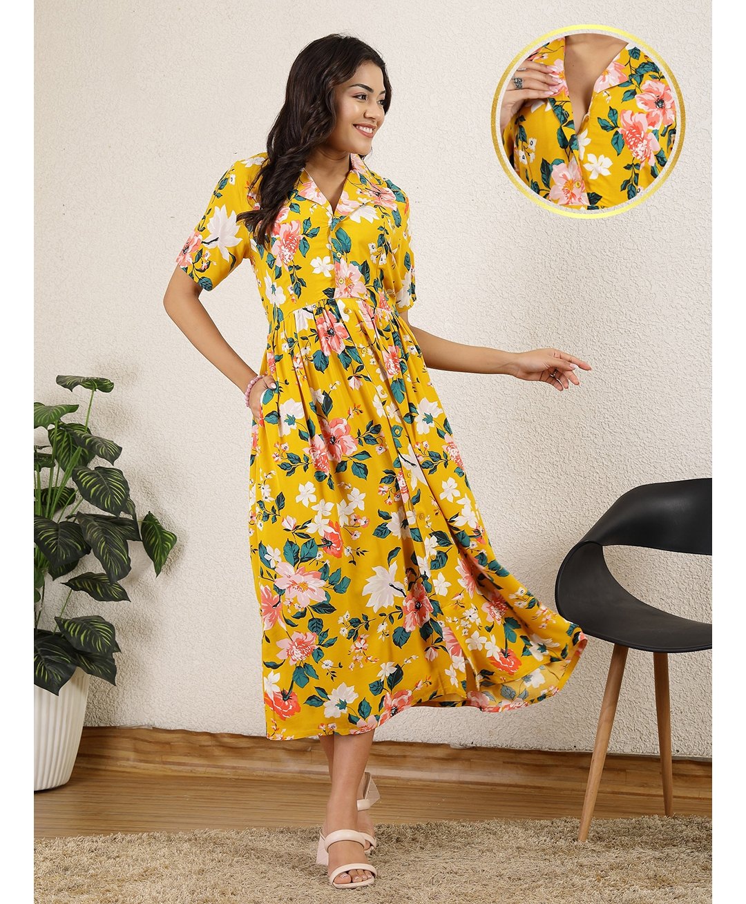 Zelena 100% Rayon Half Sleeves Floral Printed Maternity Zipless Feeding Dress With Nursing Access & Pockets - Yellow-image-23