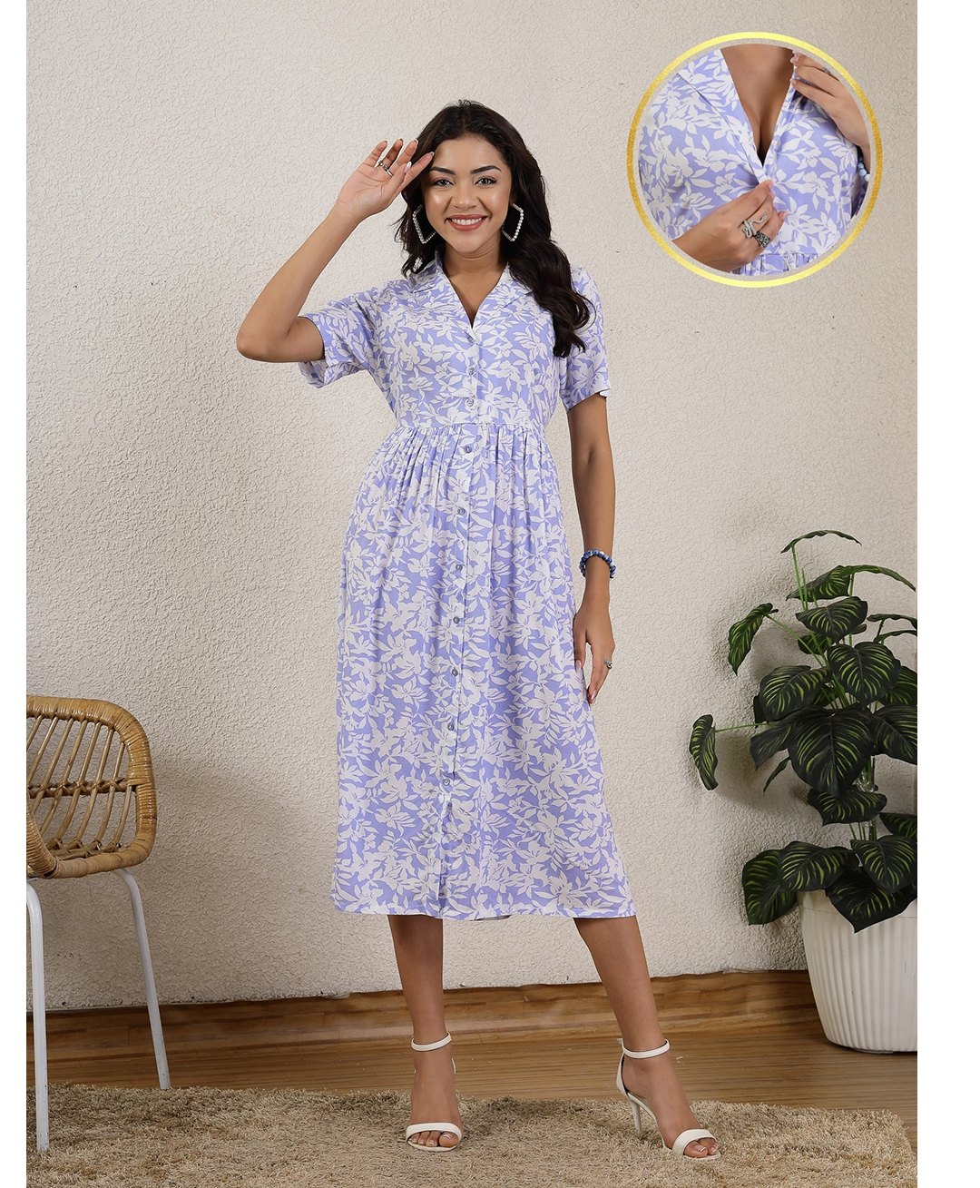 Zelena 100% Rayon Half Sleeves Floral Printed Maternity Zipless Feeding Dress With Nursing Access & Pockets - Blue-picture-23