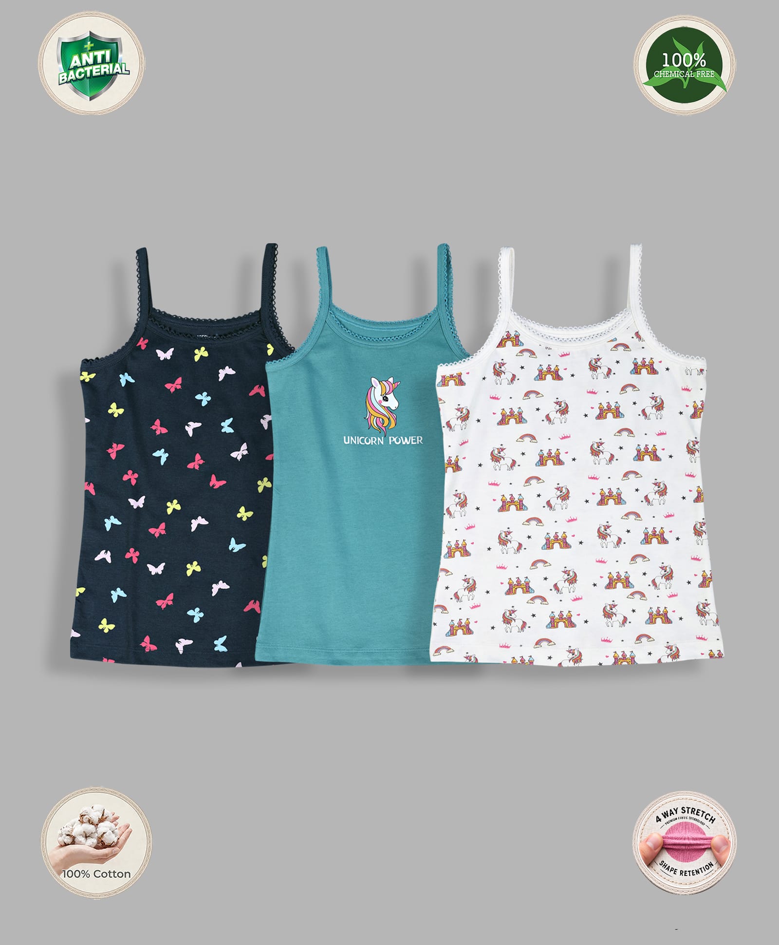 TRESNOVA Cotton Lycra Pack Of 3 Anti Microbial Finish & Advanced Ergonomic Armhole Technology Sleeveless Butterflies & Unicorns Printed Soft Camisoles - Navy Blue & White-picture-9