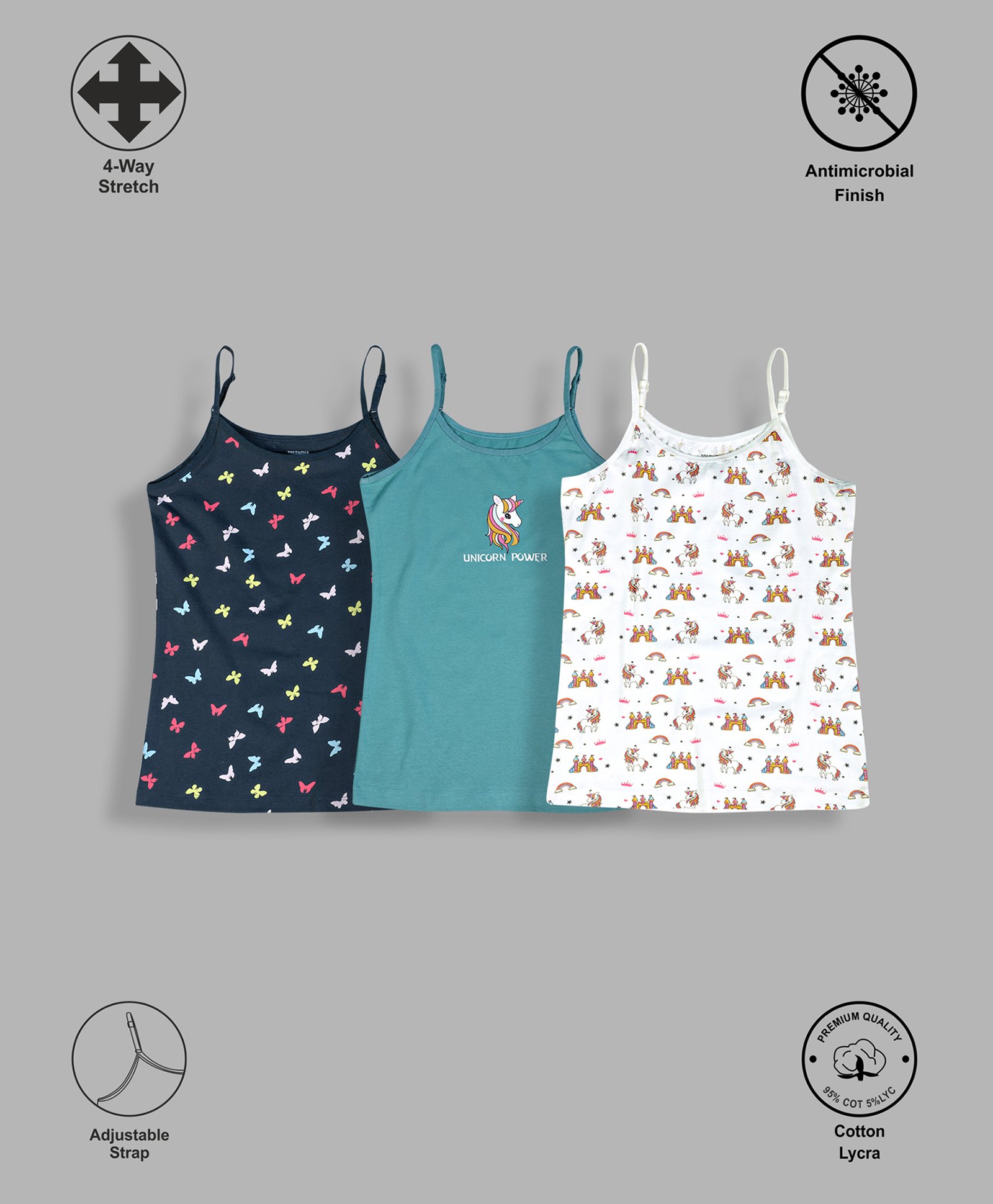 TRESNOVA Cotton Lycra Pack Of 3 Anti Microbial Finish & Advanced Ergonomic Armhole Technology Sleeveless Unicorn & Butterfly Printed Camisoles - Navy Blue & White-picture-3