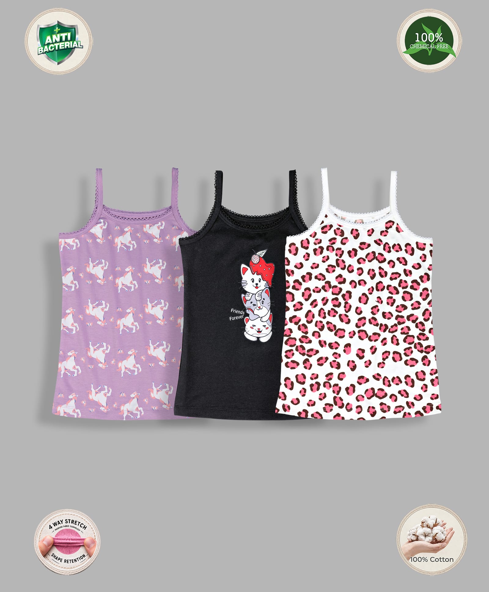 TRESNOVA Cotton Lycra Pack Of 3 Anti Microbial Finish & Advanced Ergonomic Armhole Technology Sleeveless Cats & Unicorns Printed Soft Camisoles - White Purple & Black-picture-21