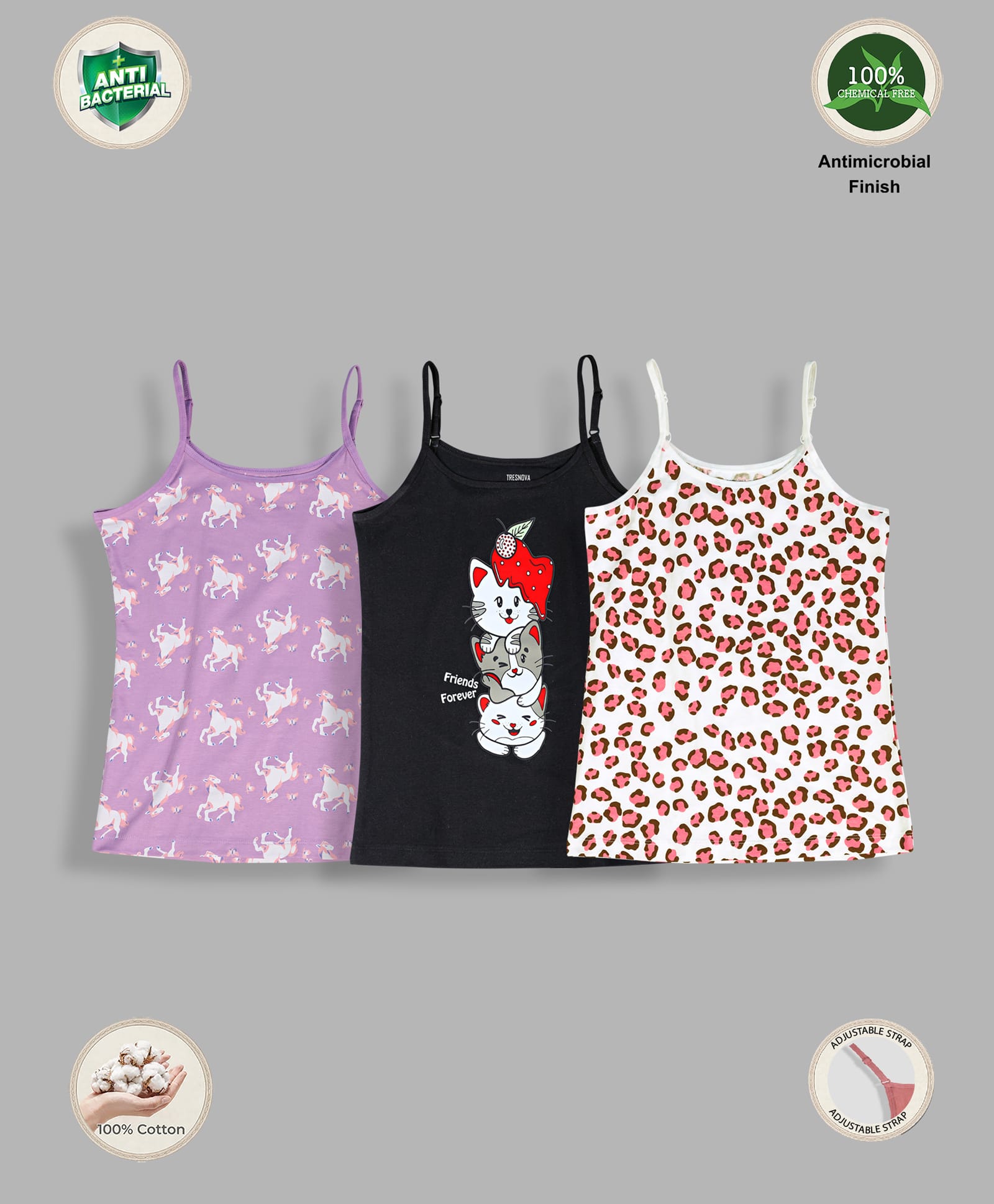TRESNOVA Cotton Lycra Pack Of 3 Anti Microbial Finish & Advanced Ergonomic Armhole Technology Sleeveless Cats & Unicorns Printed Soft Camisoles - White Purple & Black-image-36