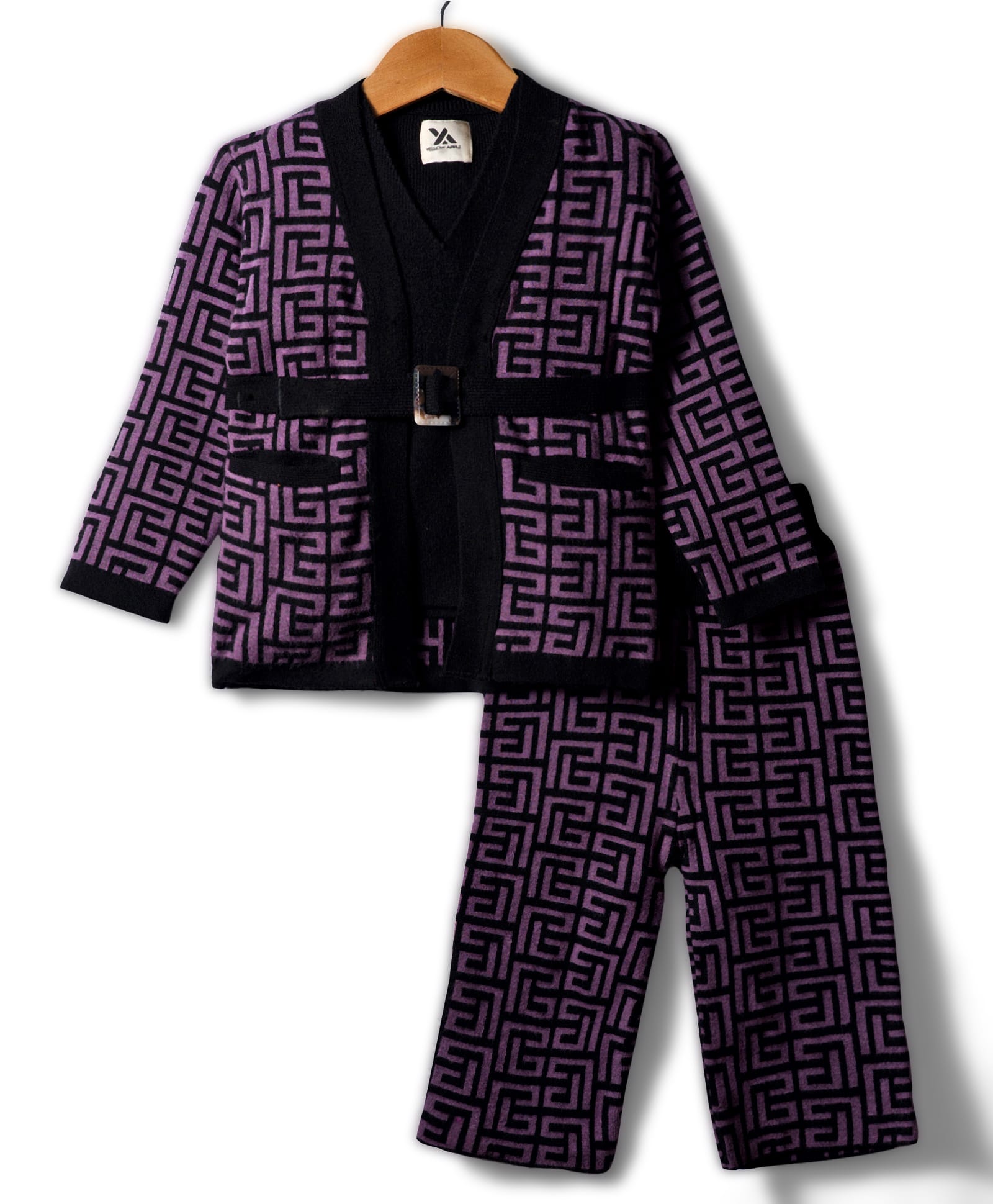 Yellow Apple Knit Full Sleeves Printed Winter Jacket & Pant Set With Inner Tee - Purple-image-27