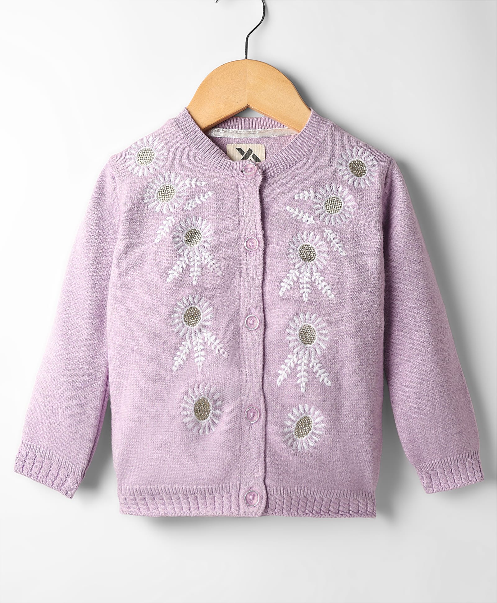 Yellow Apple Knit Full Sleeves Front Open Sweater With Floral Embroidery - Lilac-picture-22