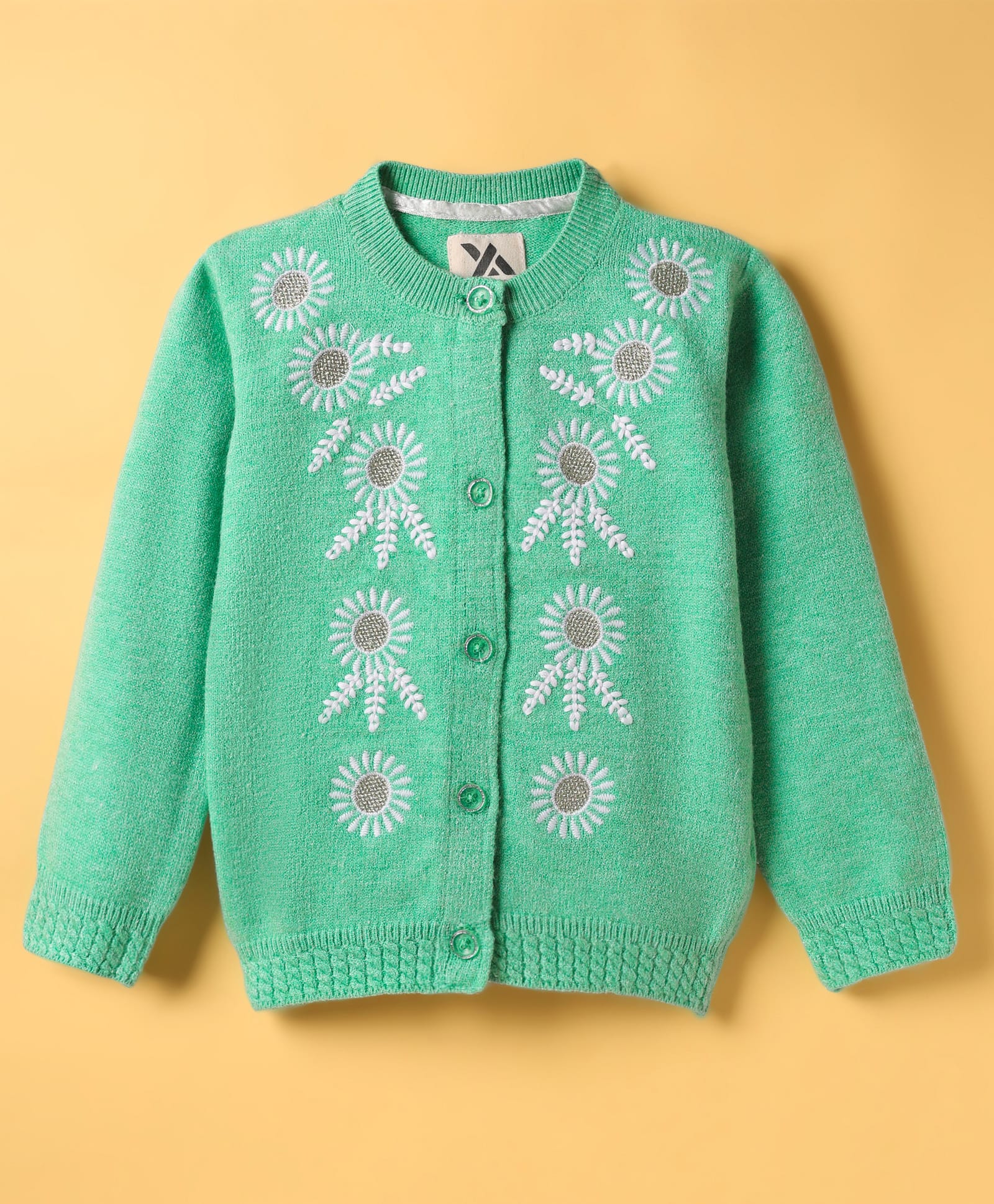 Yellow Apple Knit Full Sleeves Cardigan With Floral Embroidery - Mint-picture-14