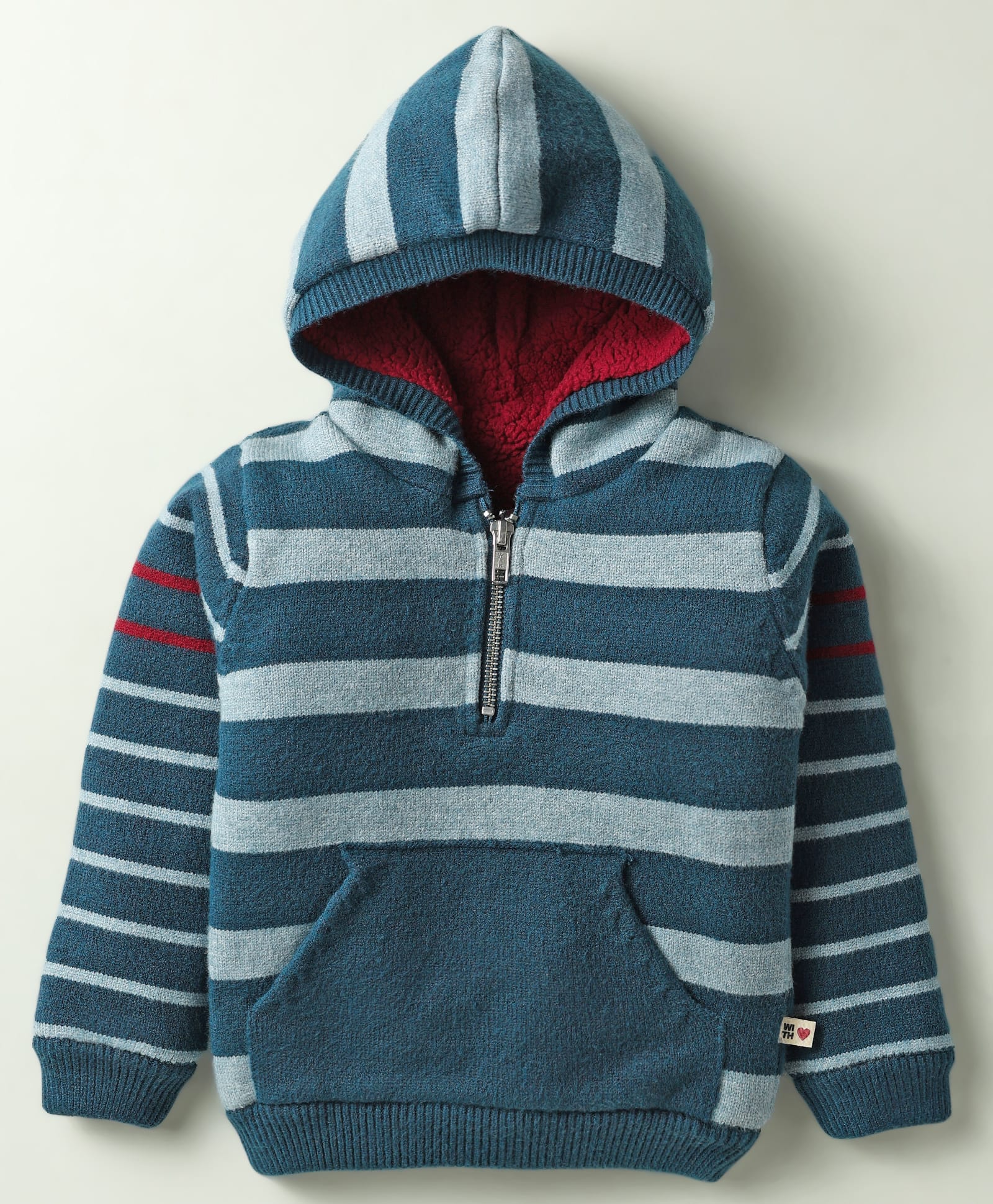 Yellow Apple Knitted Full Sleeves Hooded Striped Pullover Sweater With Kangaroo Pockets - Blue-image-41