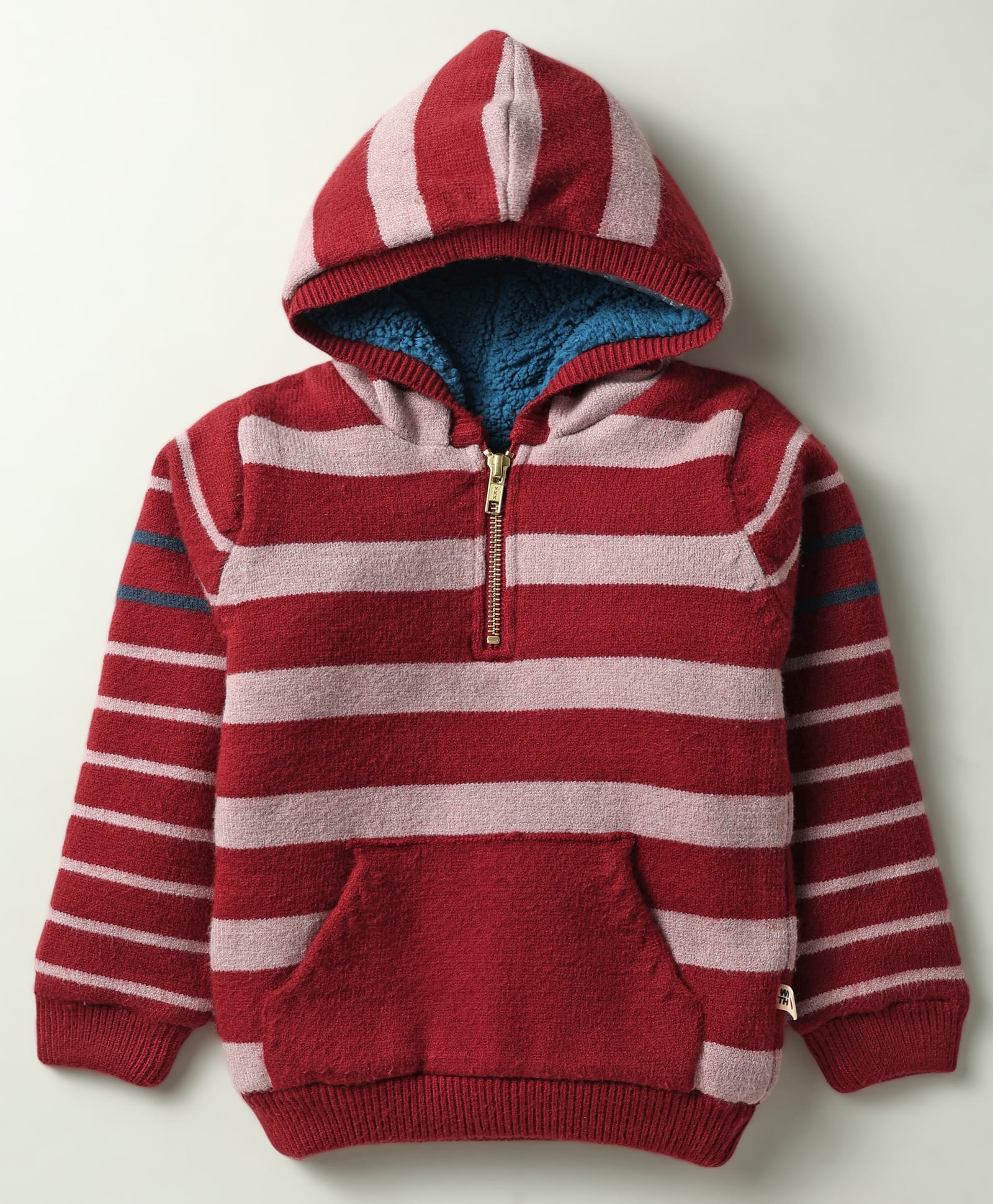 Yellow Apple Knitted Full Sleeves Hooded Striped Pullover Sweater With Kangaroo Pockets - Maroon-picture-12