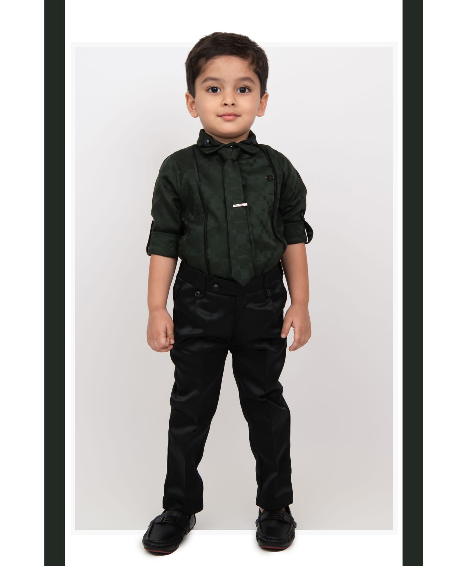 LITTLE COLLARS Blended Full Sleeves Checked Shirt & Trouser With Tie Set - Olive Green-image-17