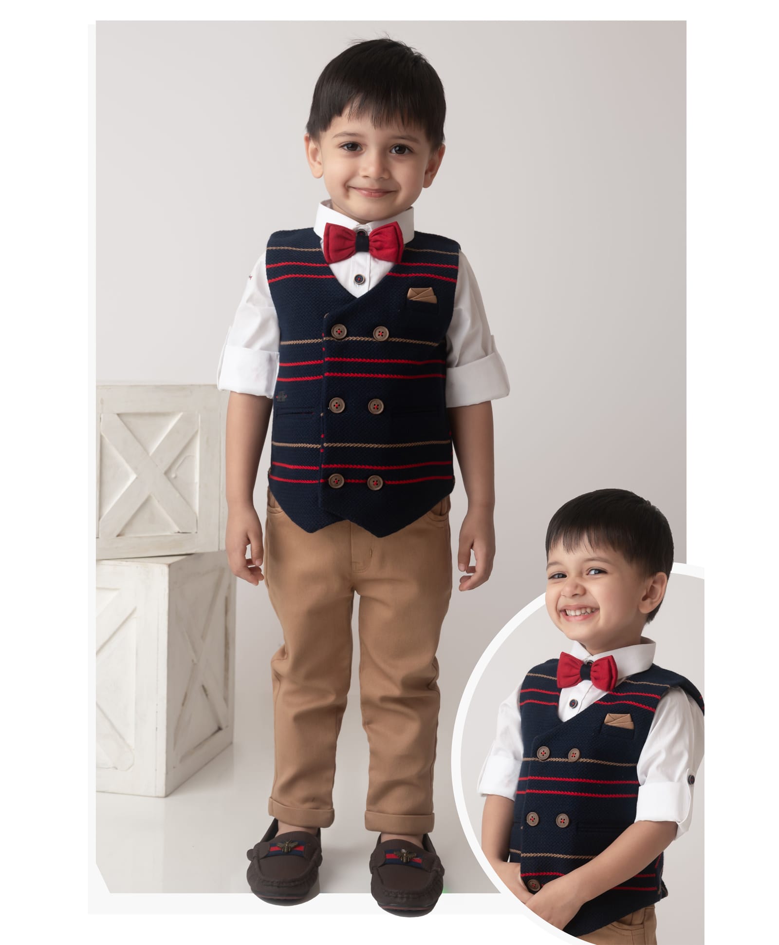 LITTLE COLLARS Jacquard Full Sleeves Striped 3 Piece Party Suit With Bow Set - Navy Blue-picture-16