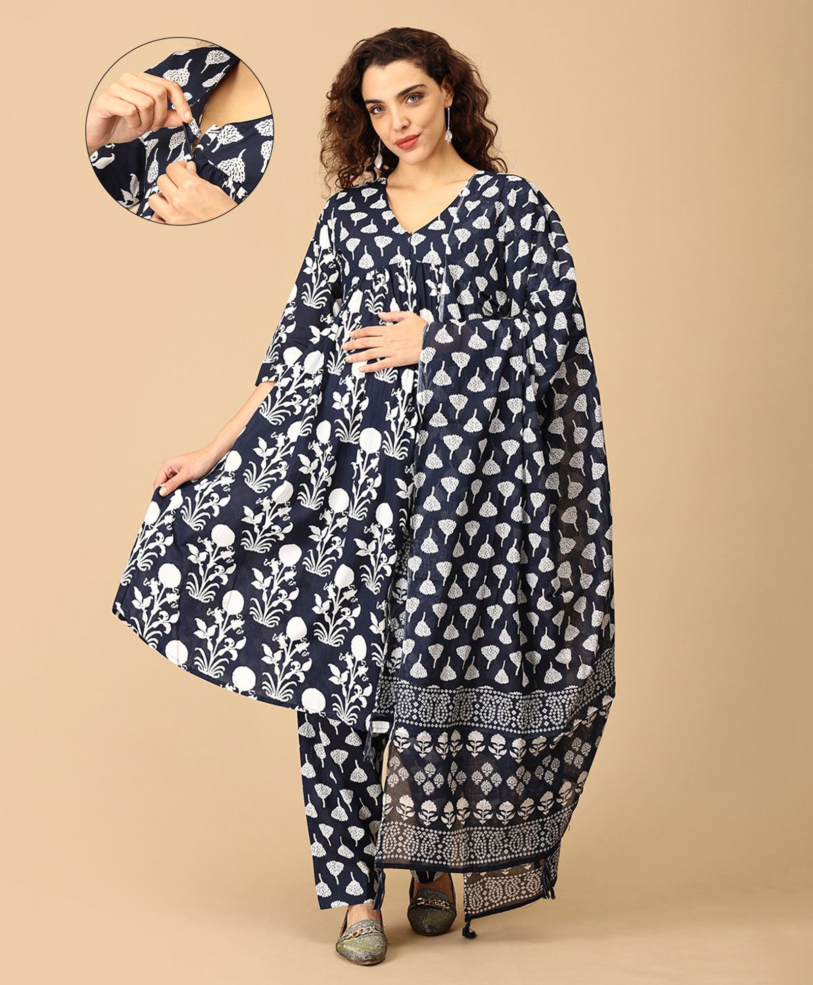The Mom Store Silk Three Fourth Sleeves Floral Printed Maternity Kurta With Nursing Access & Salwar With Dupatta Set - Navy Blue-picture-33