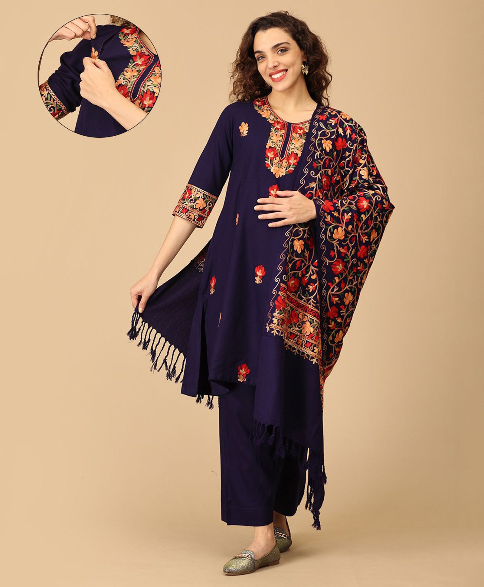 The Mom Store Wool Three Fourth Sleeves Floral Printed Maternity Kurta With Nursing Access & Salwar With Dupatta Set - Navy Blue-picture-36