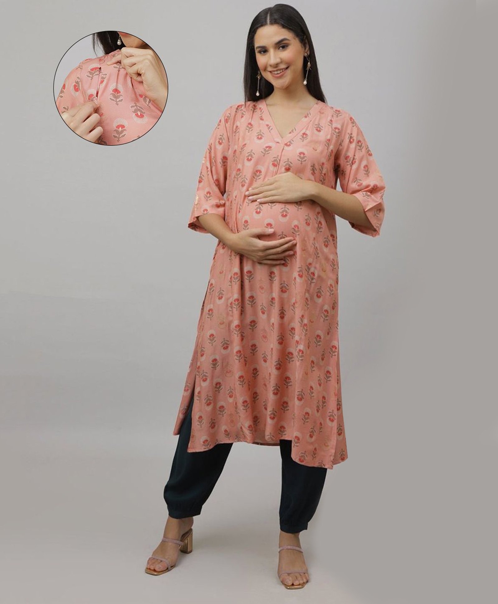 The Mom Store Muslin Three Fourth Sleeves Floral Printed Maternity Kurta With Nursing Access & Salwar Set - Peach-picture-18