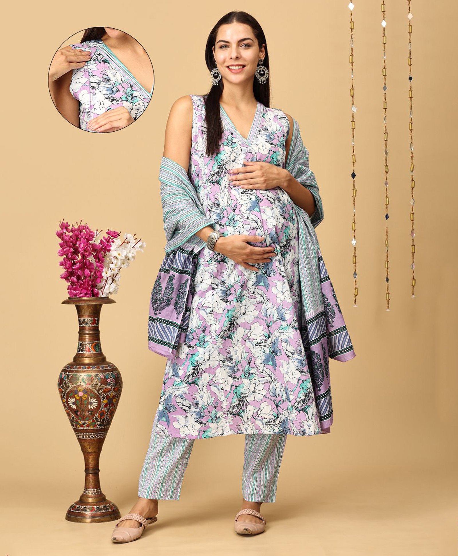 The Mom Store Cotton Sleeveless Floral Printed Maternity Kurta With Nursing Access & Salwar With Dupatta Set - Lavender-picture-12