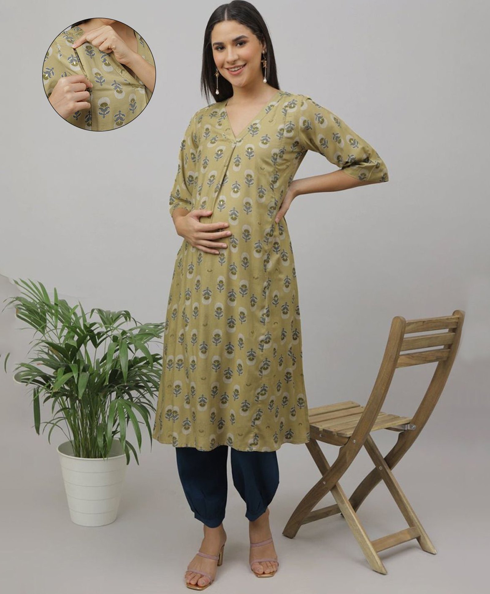The Mom Store Cotton Three Fourth Sleeves Floral Printed & Striped Maternity Kurta With Nursing Access & Pant Set - Olive Green-picture-16