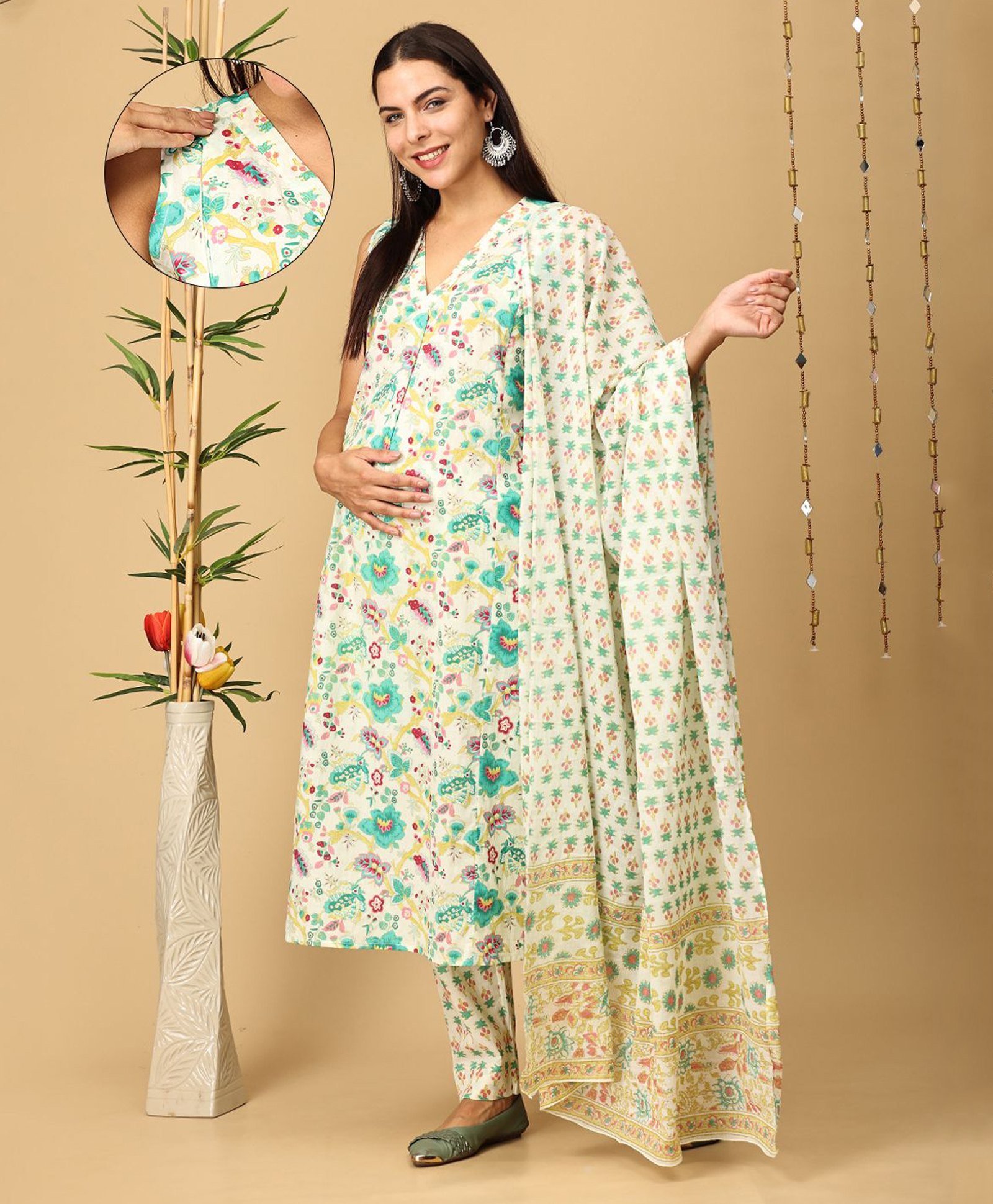 The Mom Store Cotton Sleeveless Floral Printed Maternity Kurta With Nursing Access & Pant With Dupatta Set - Multi Colour-picture-27