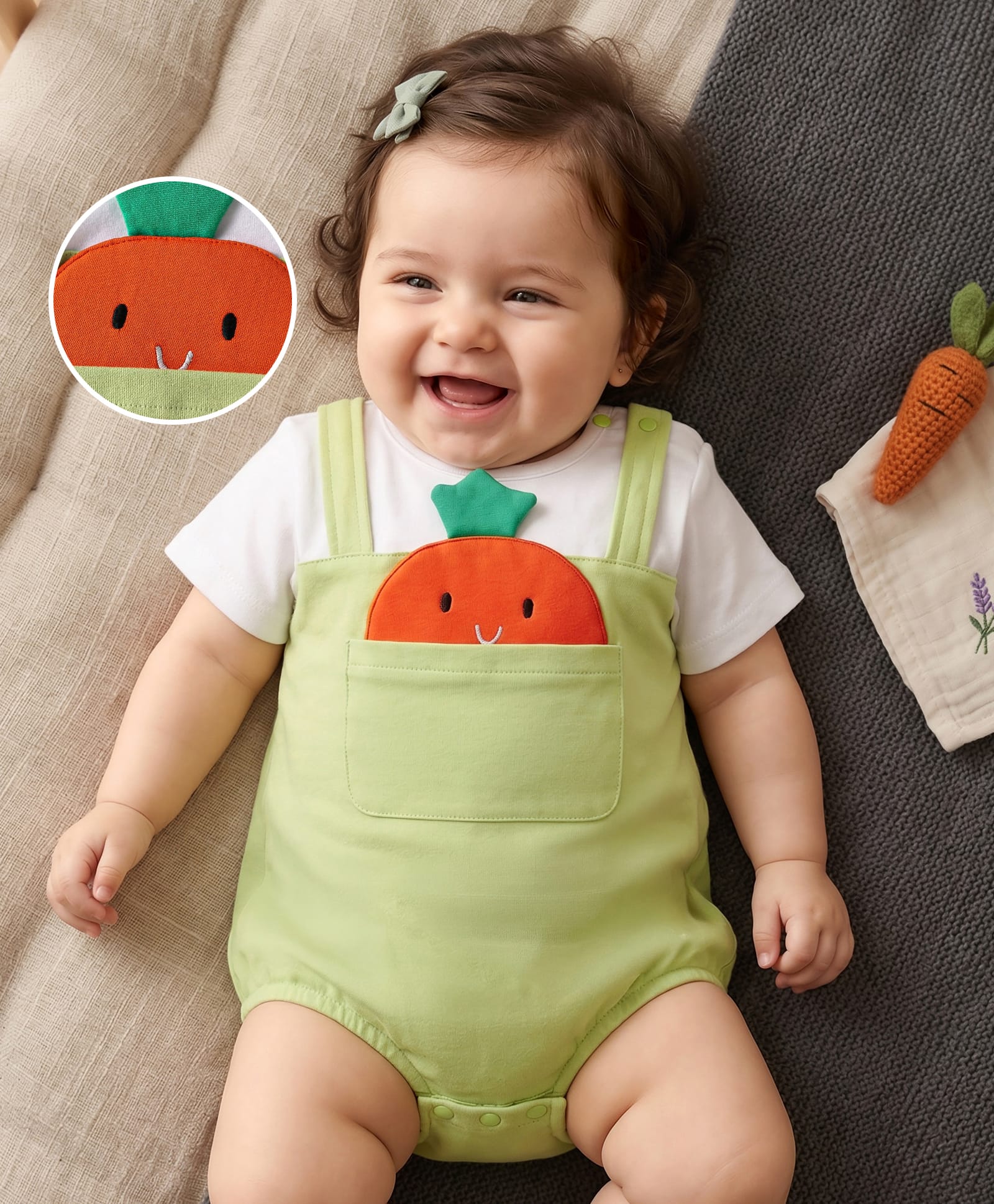 Mark & Mia Cotton Knit Half Sleeves Onesie With Carrot Patch - Light Green-picture-22