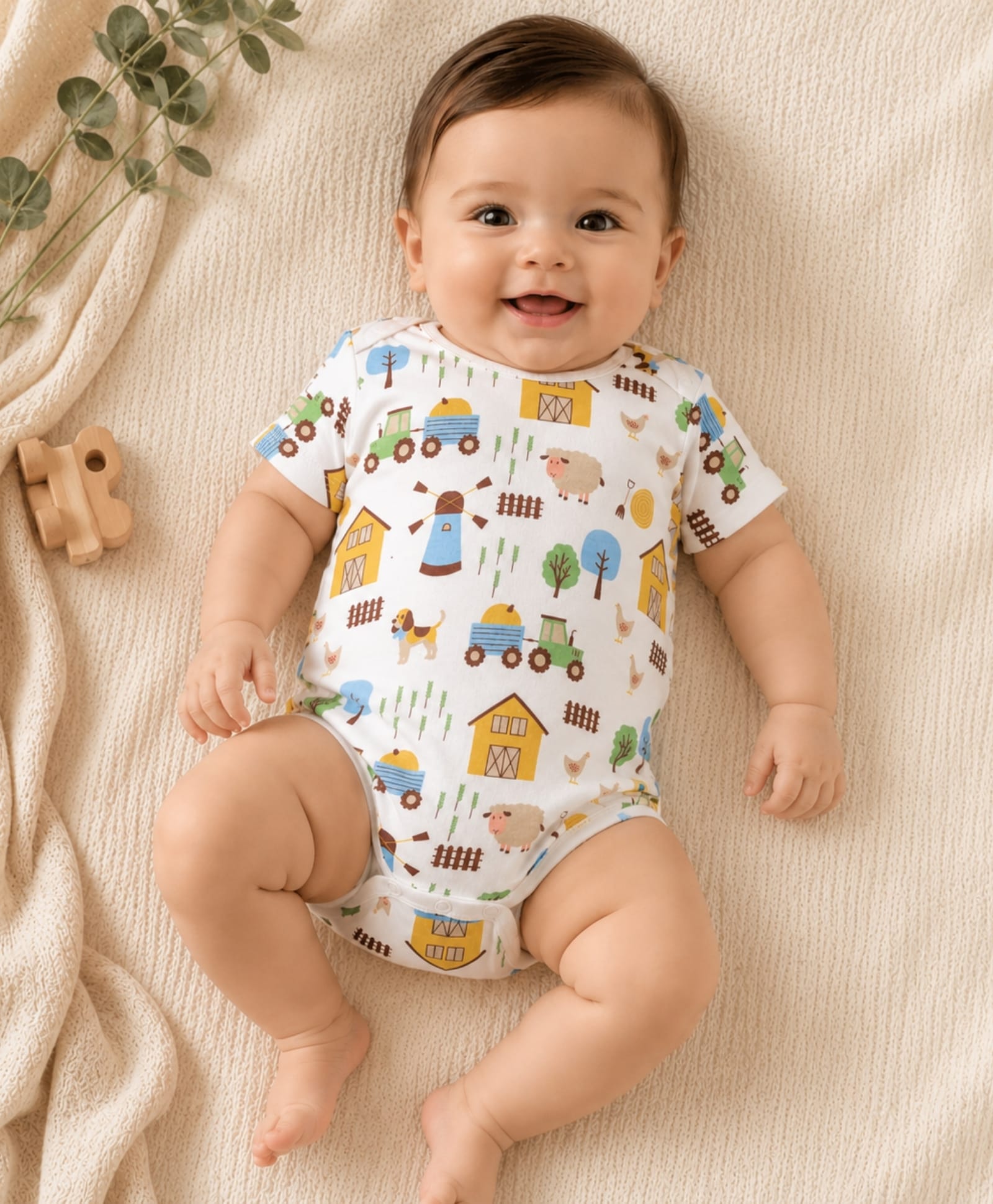 My Milestones Interlock Half Sleeves Vehicles & Animals Printed Onesie - White-picture-24