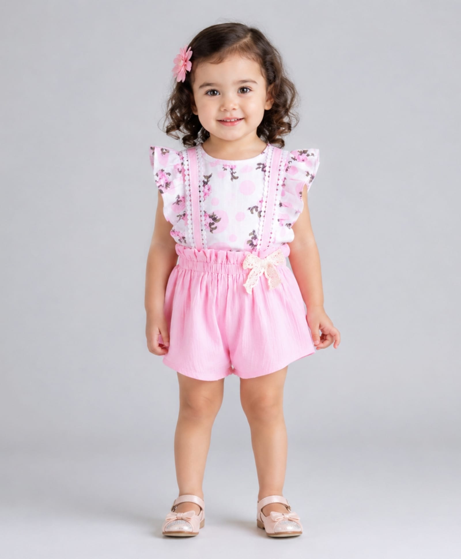 My Milestones Cotton Woven Bow Applique Detailed Dungaree & Frill Sleeves Floral Printed Top - White & Pink-picture-39