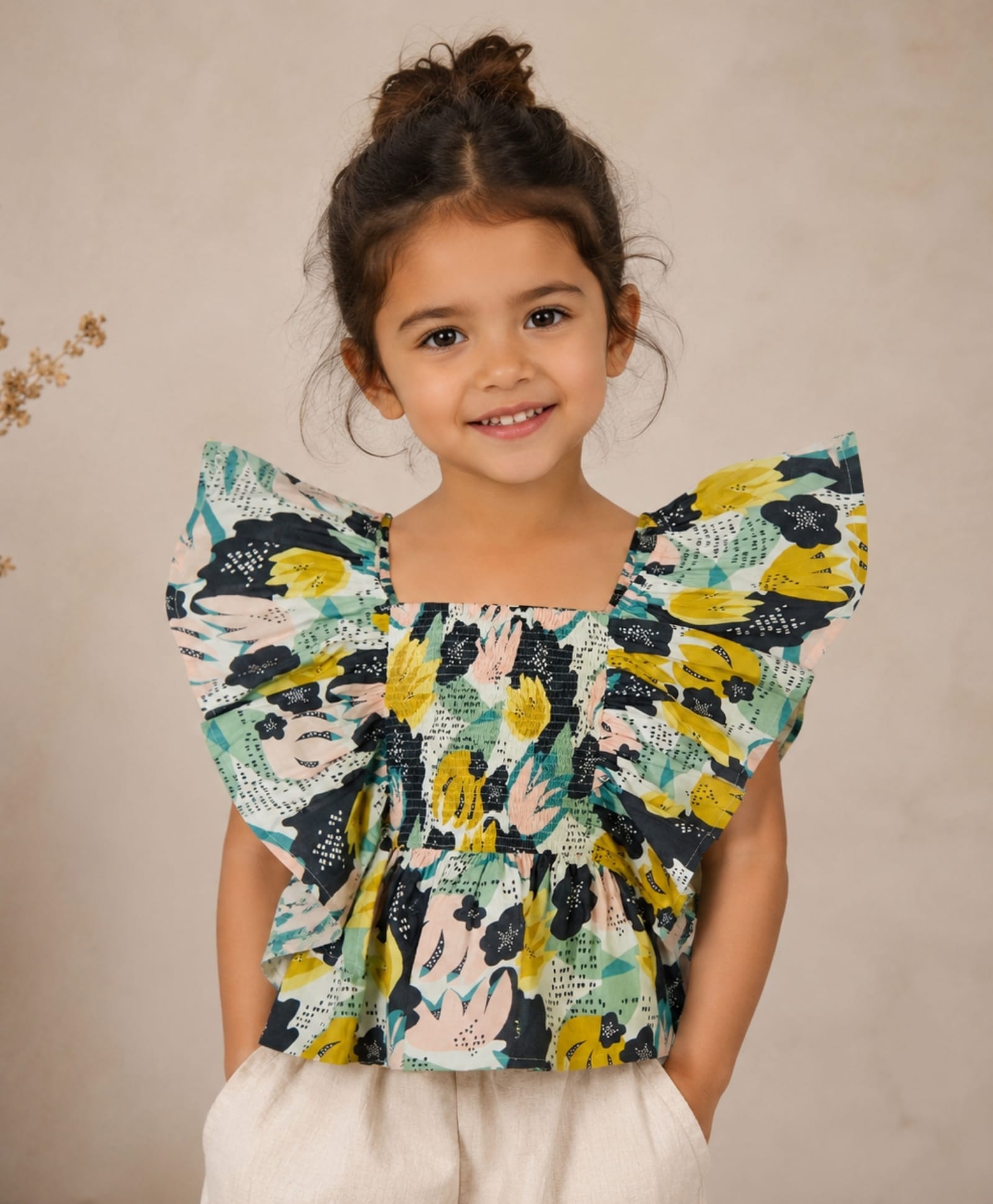 My Milestones Cotton Sleeveless Floral Printed & Ruffle Detailed Smocked Top - Multi Colour-picture-9