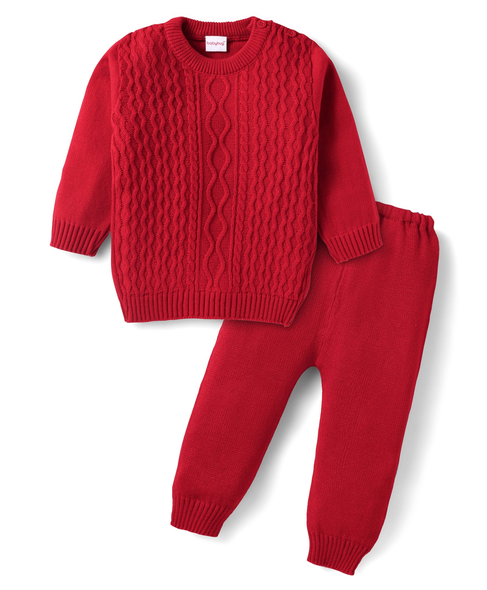 Babyhug Knitted Full Sleeves Solid Color Sweater Set with Cable Knit Design - Red