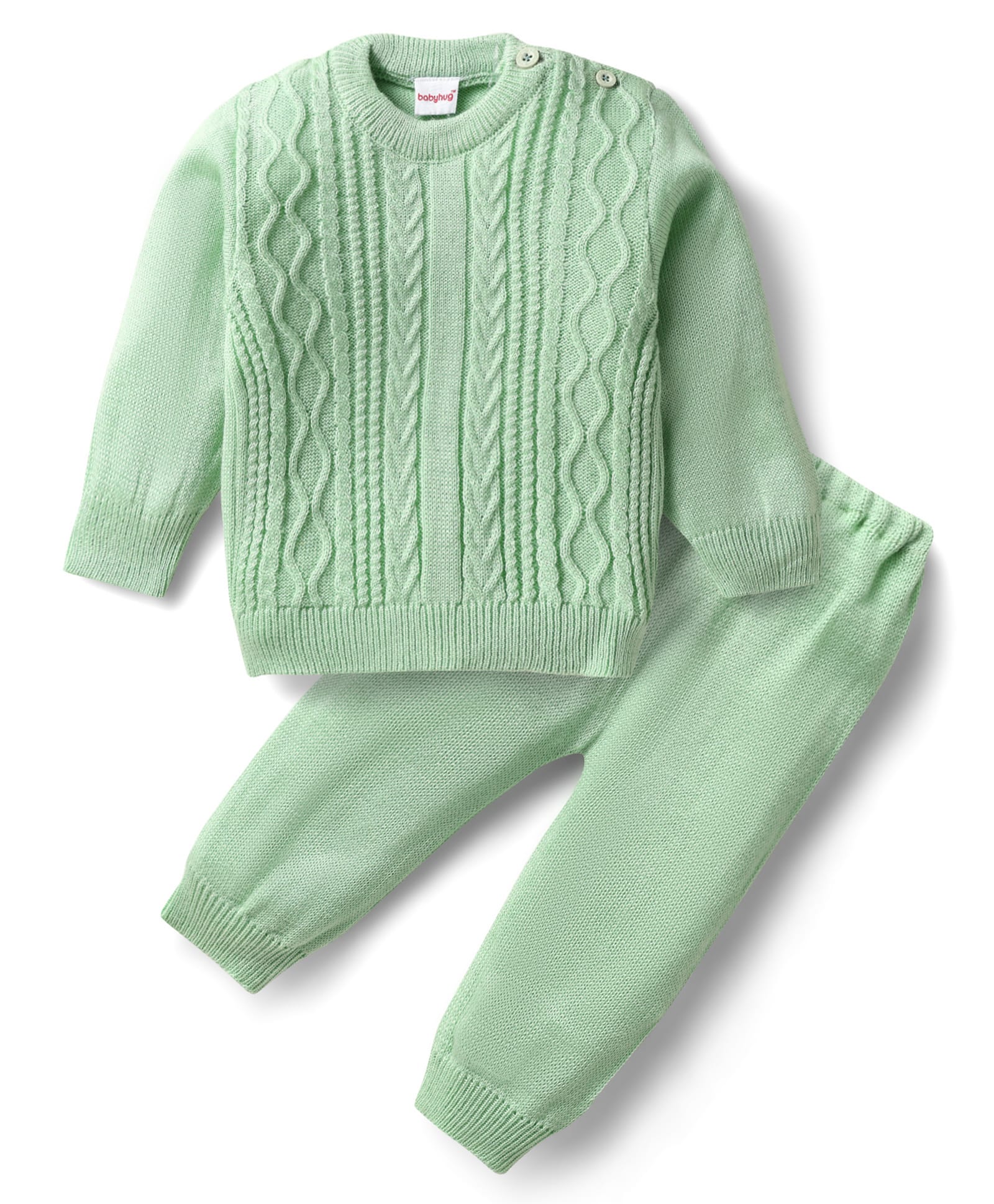 Babyhug Knitted Full Sleeves Sweater Set with Cable Knit Design - Light Green-picture-23