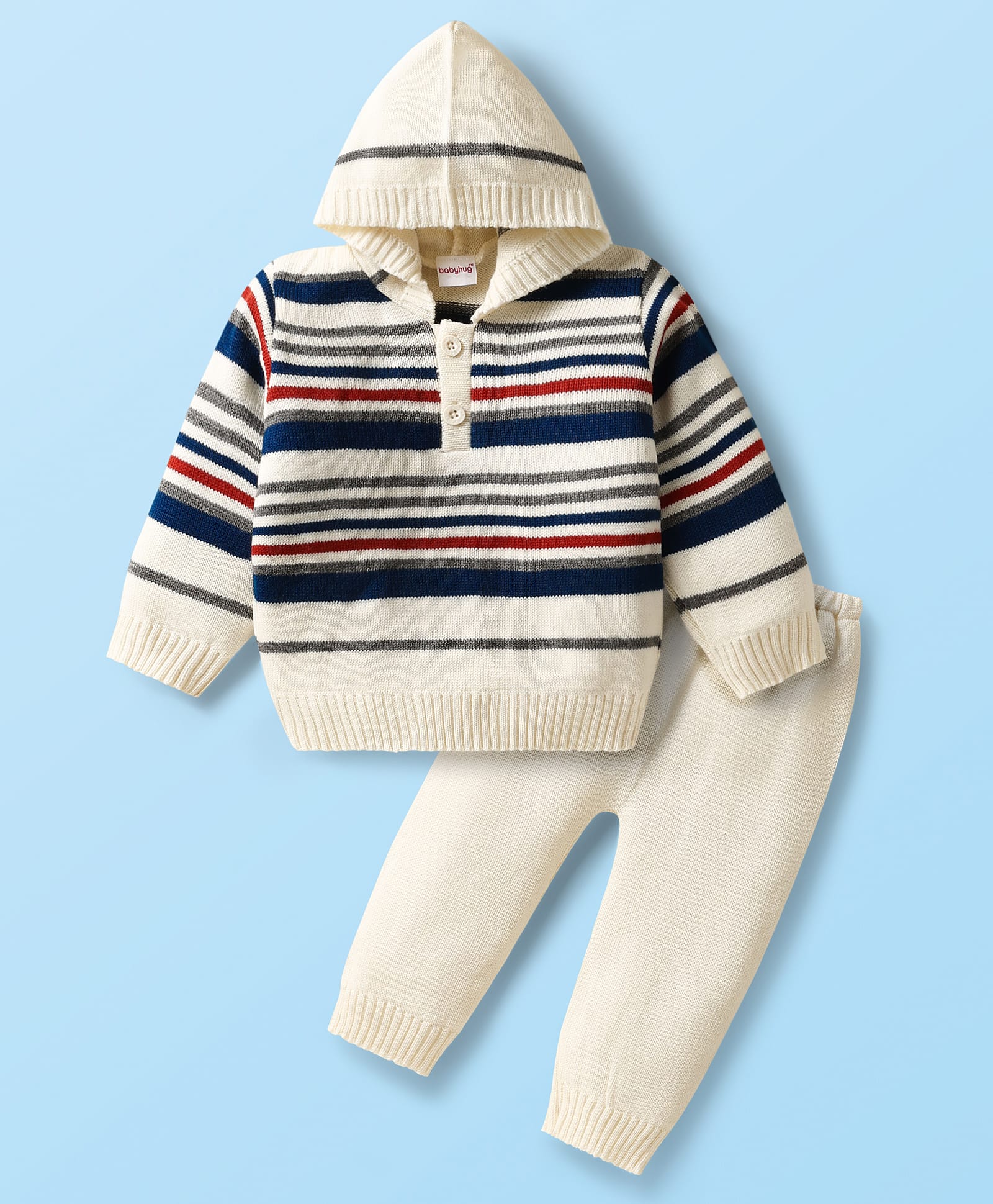 Babyhug Knitted Full Sleeves Striped Sweater Set With Hood - White & Navy Blue