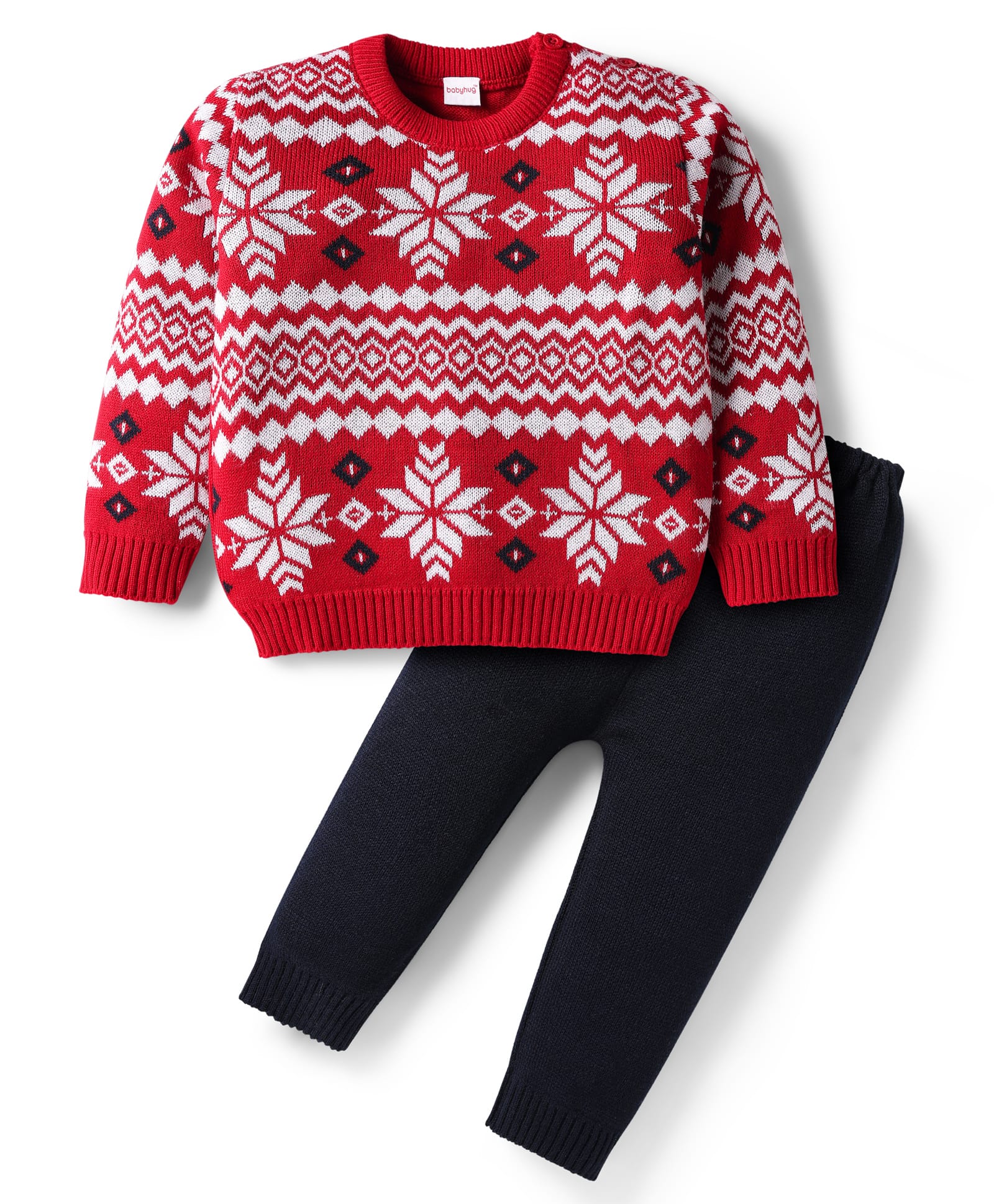 Babyhug Knit Full Sleeves Pullover Sweater Set With Floral Design - Red & Navy Blue-image-48