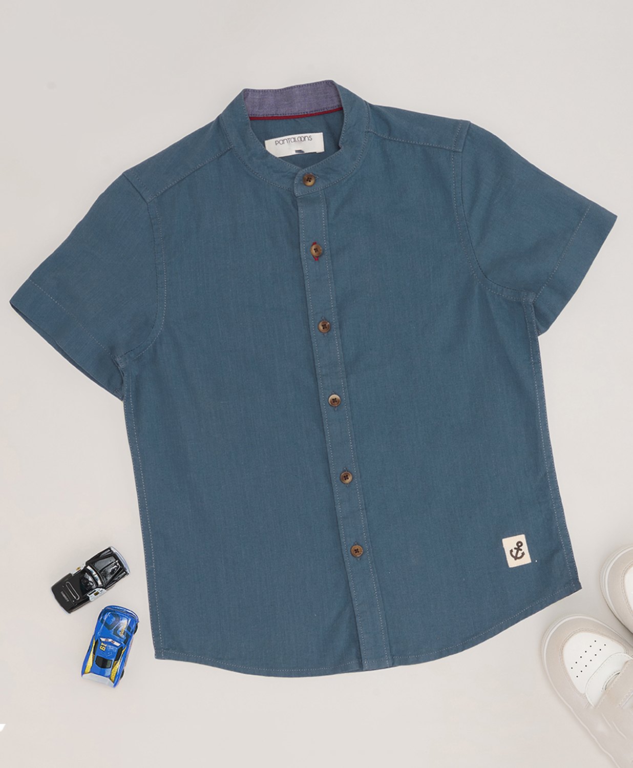 Pantaloons Junior Cotton Flax Half Sleeves Anchor Patch Detailed Shirt - Blue Fin-picture-26